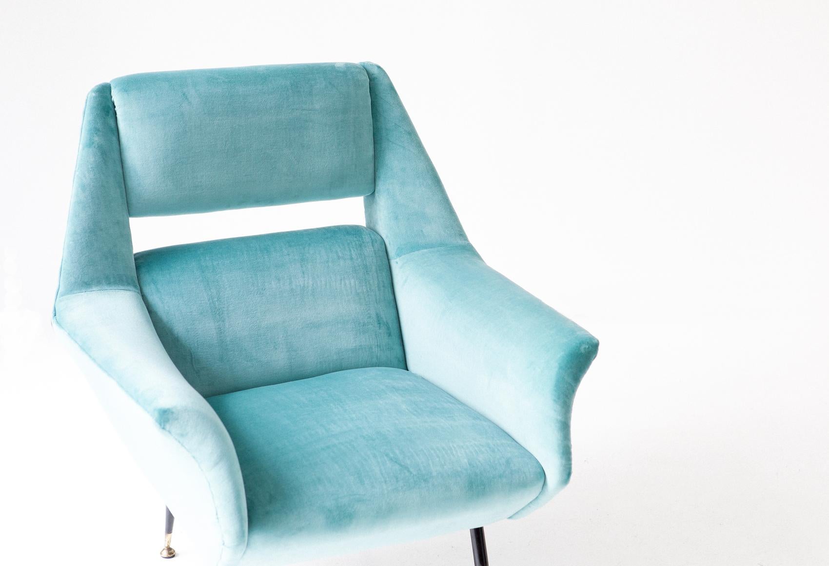 Pair of Rare Italian Turquoise Velvet Lounge Chairs by Gigi Radice for Minotti 1