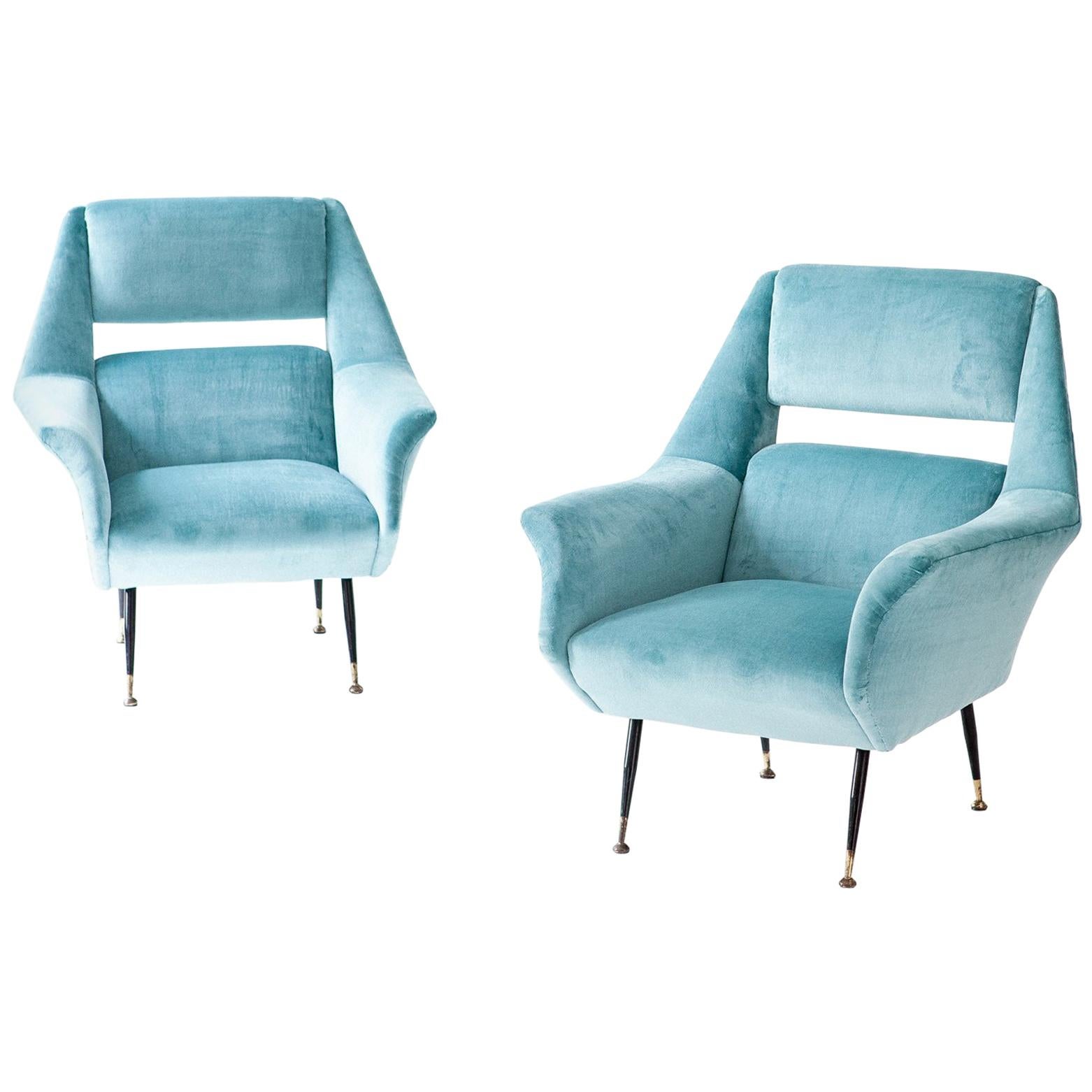 Pair of Rare Italian Turquoise Velvet Lounge Chairs by Gigi Radice for Minotti