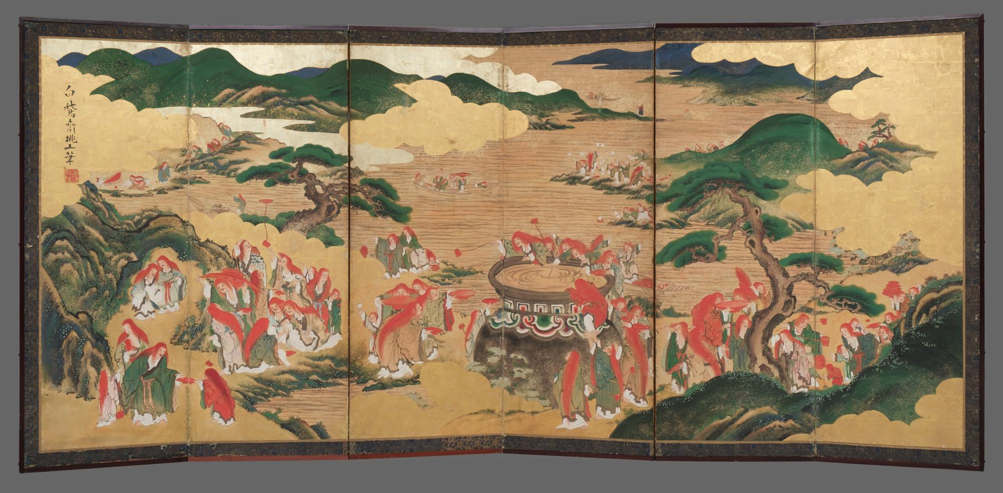 Pair of Rare Japanese Large 6-Panel Momoyama-Style Screens of Festive Shôjô 5