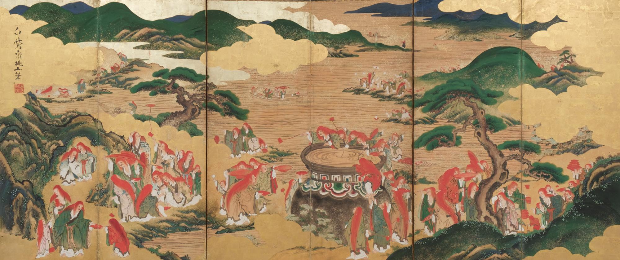 Pair of Rare Japanese Large 6-Panel Momoyama-Style Screens of Festive Shôjô 6