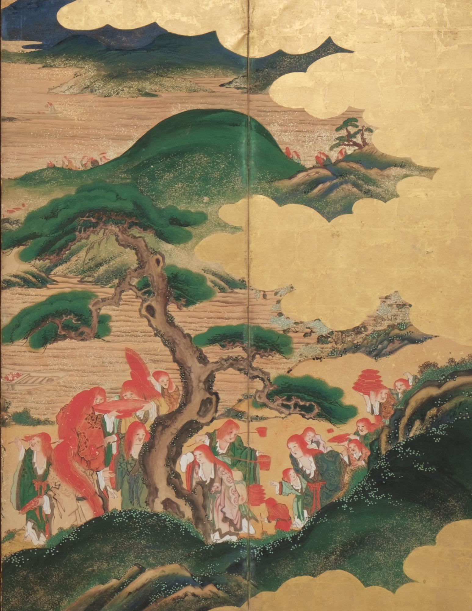 Pair of Rare Japanese Large 6-Panel Momoyama-Style Screens of Festive Shôjô 9