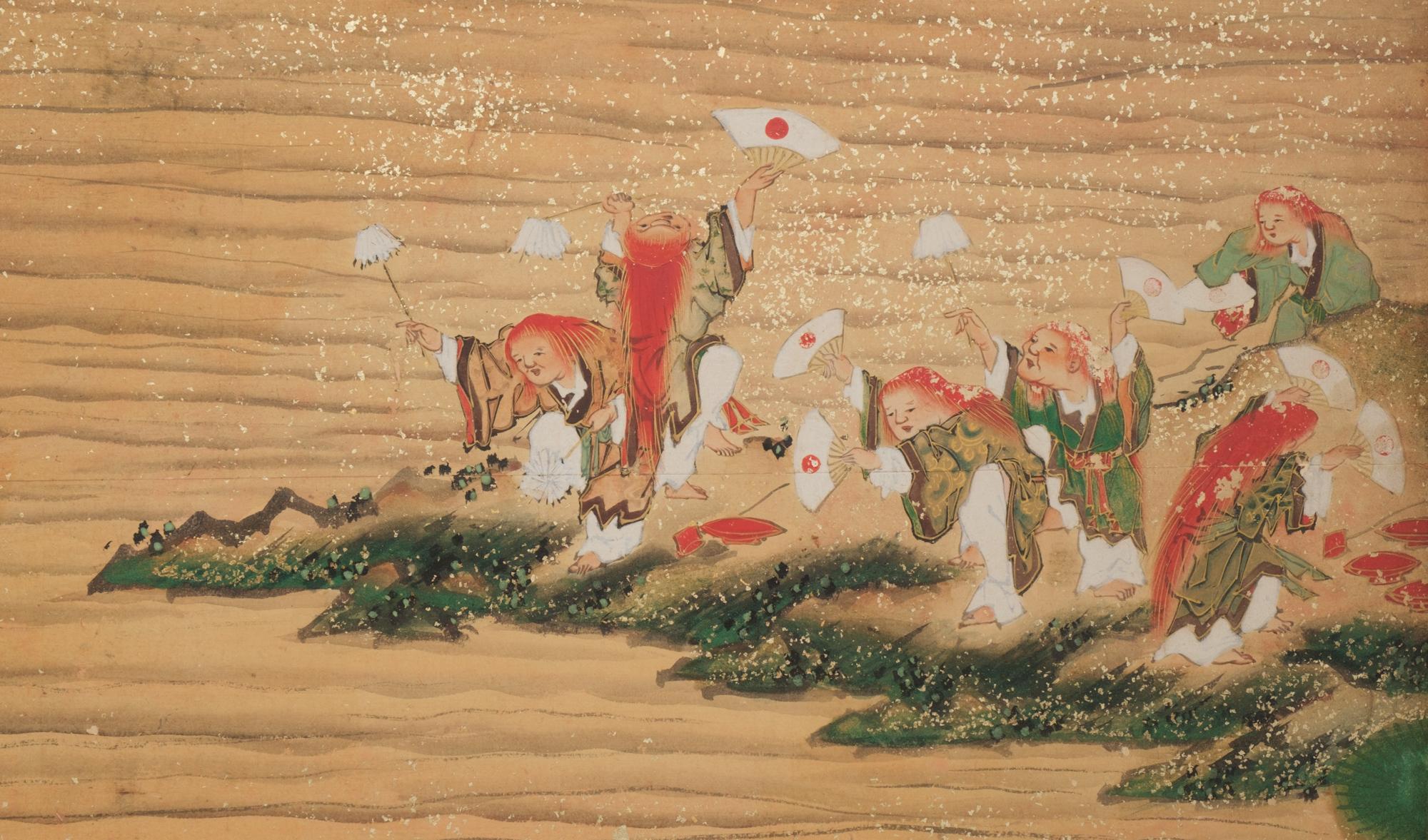 Pair of Rare Japanese Large 6-Panel Momoyama-Style Screens of Festive Shôjô 12