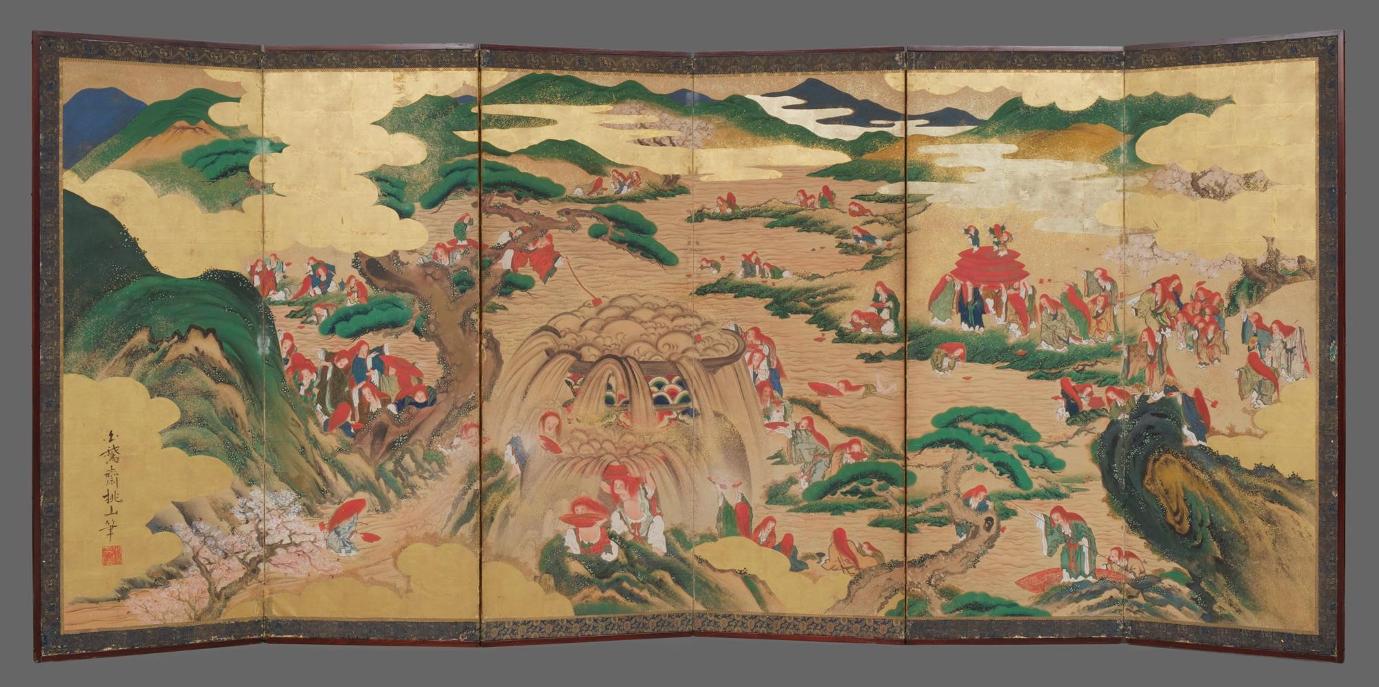 A pair of amazing, humorous and large six-panel Momoyama-style byôbu ?? (room divider) with refined and very detailed painted scene from the Japanese folk tale ‘White Sake’; countless ecstatic shôjô ?? party lavishly on the beach where booze flows