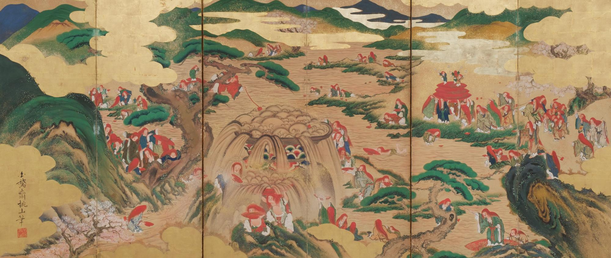 Hand-Painted Pair of Rare Japanese Large 6-Panel Momoyama-Style Screens of Festive Shôjô