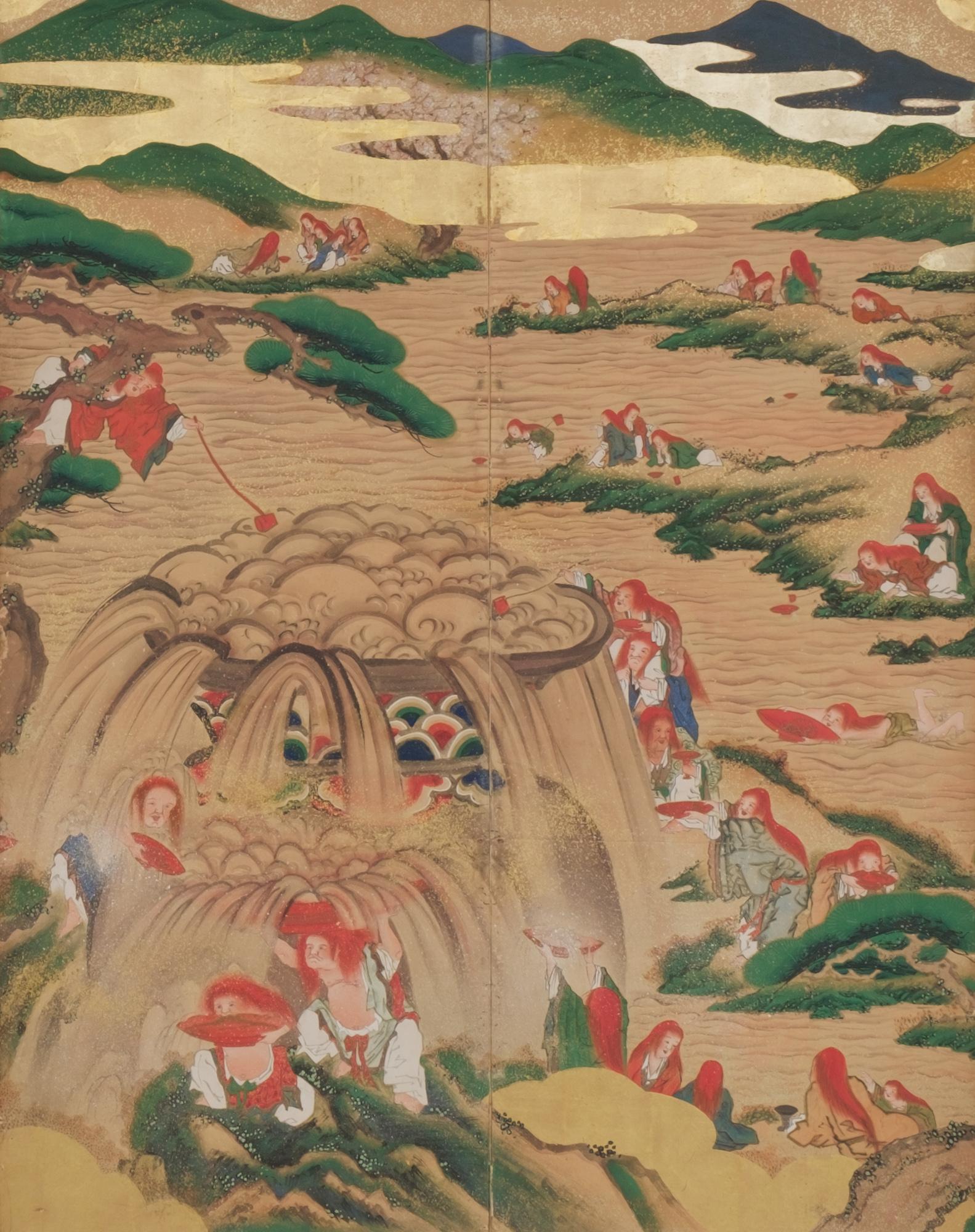 18th Century and Earlier Pair of Rare Japanese Large 6-Panel Momoyama-Style Screens of Festive Shôjô