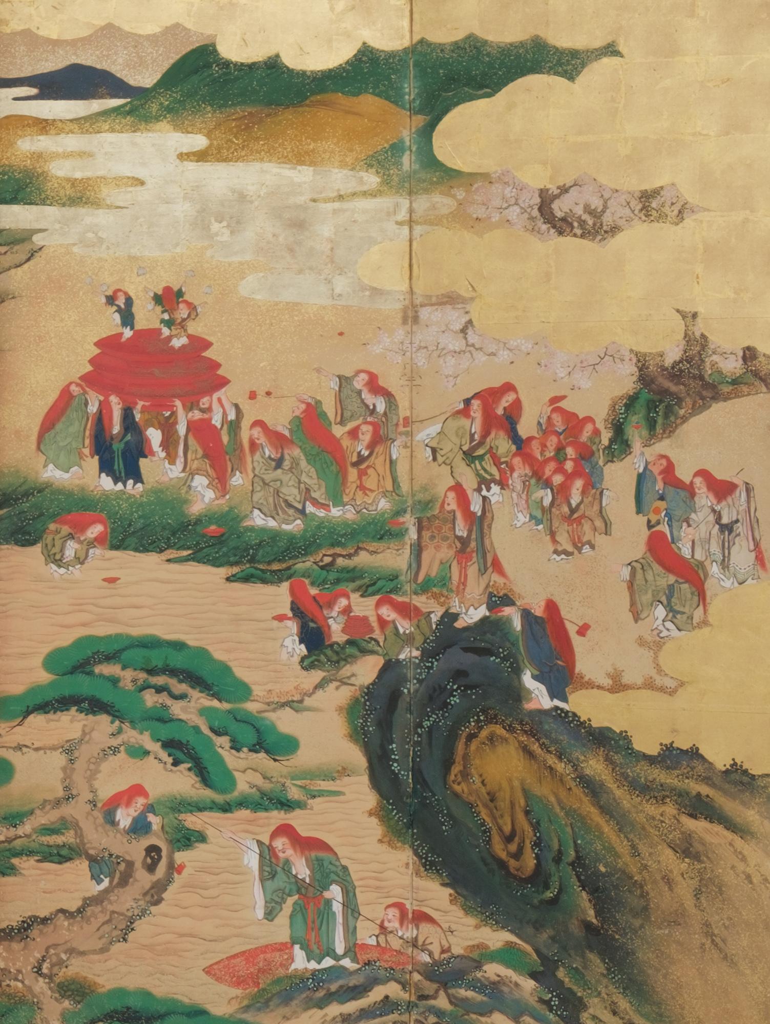 Silk Pair of Rare Japanese Large 6-Panel Momoyama-Style Screens of Festive Shôjô