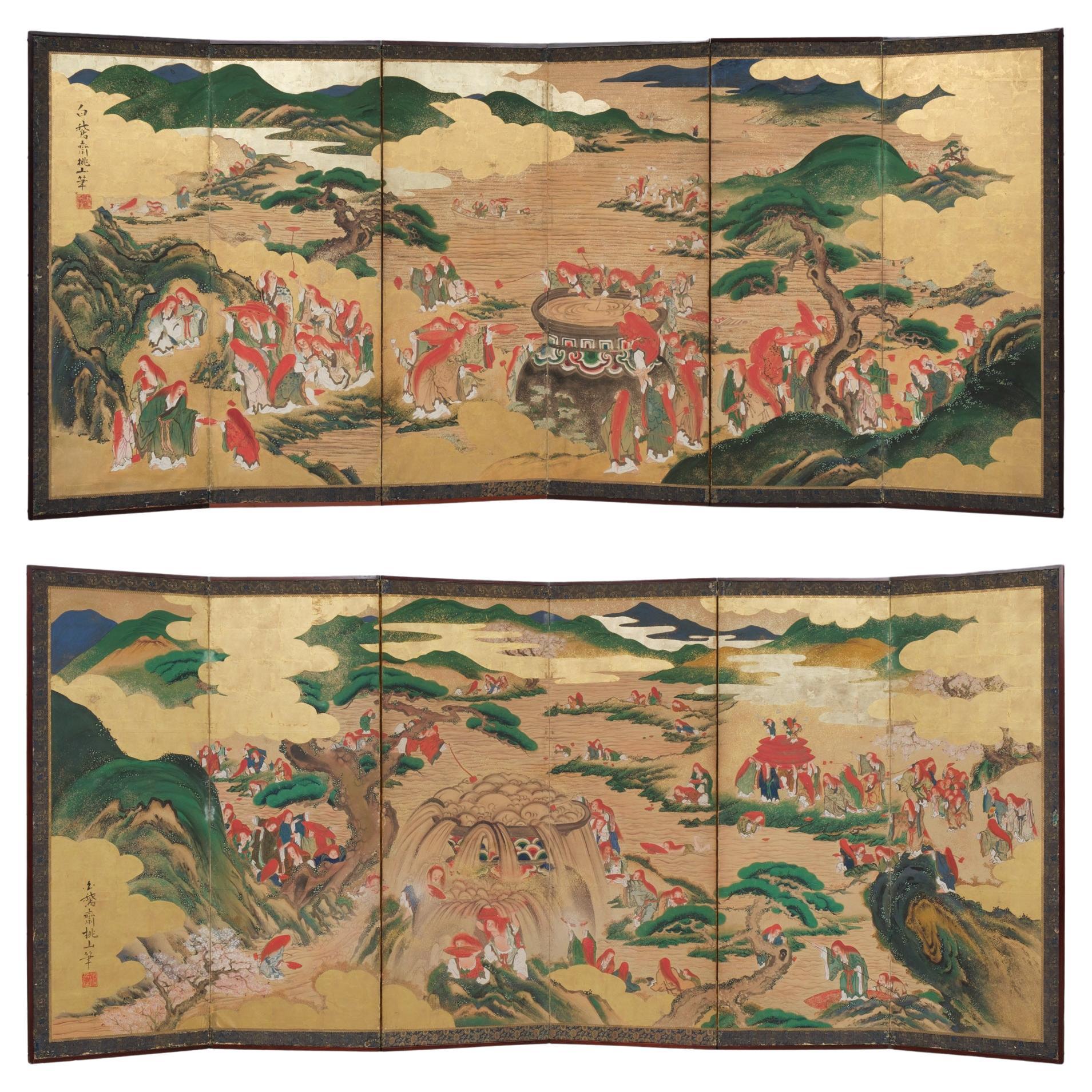 Pair of Rare Japanese Large 6-Panel Momoyama-Style Screens of Festive Shôjô