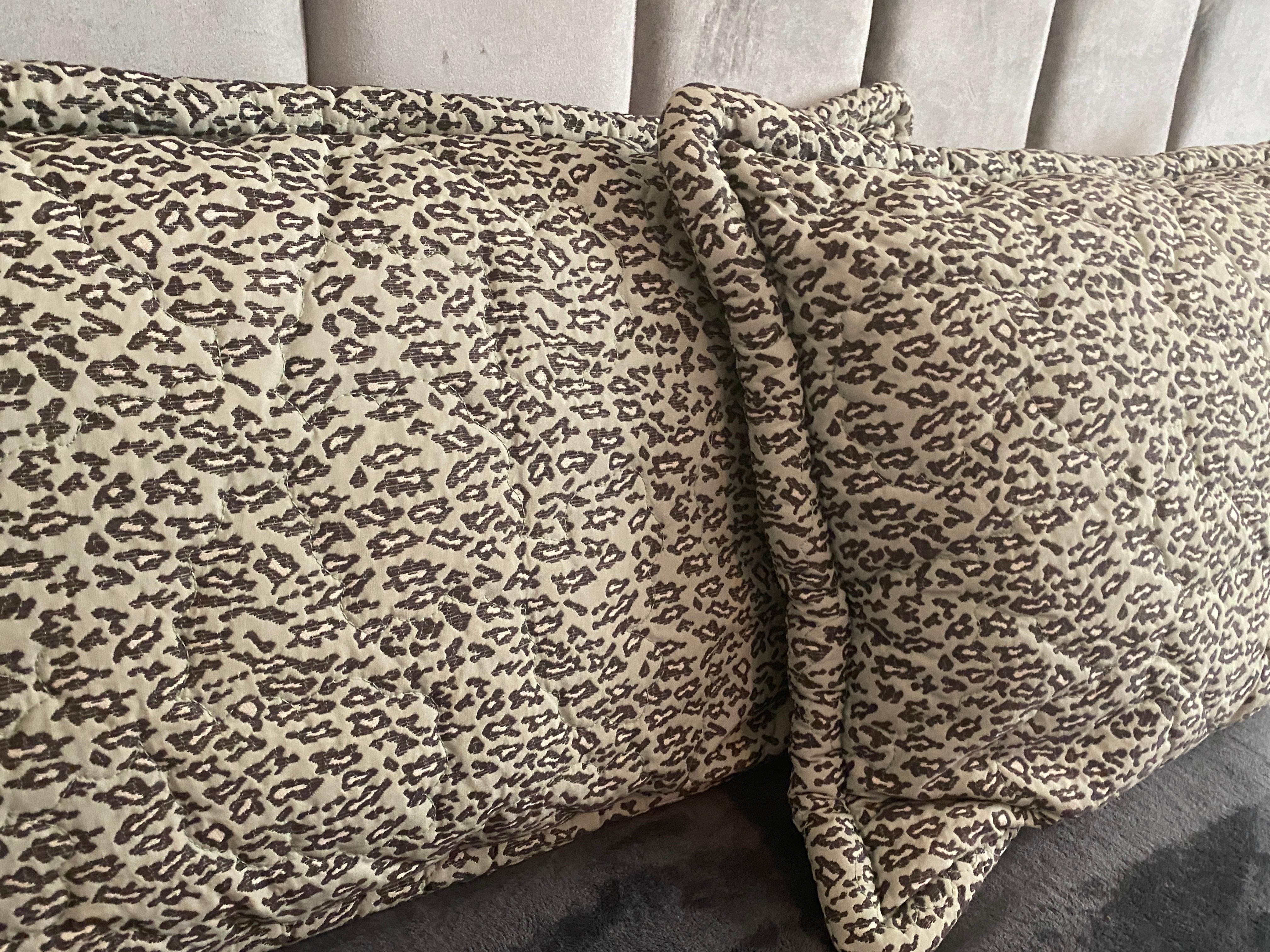 Fabric Pair of Rare Jay Spectre Quilted Pillow Shams in Mint & Black/White Leopard  For Sale