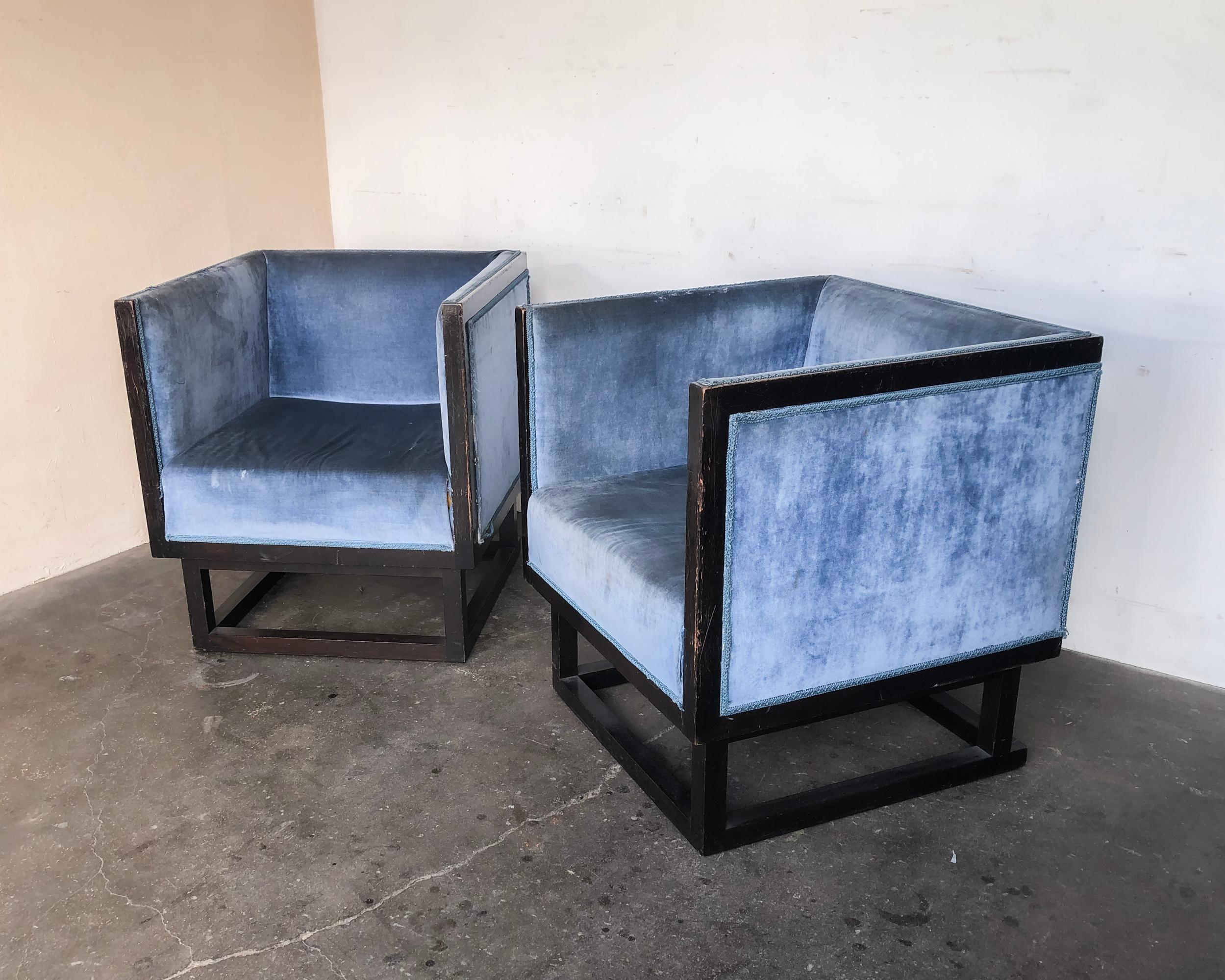 Pair of rare original 'Cabinet Chairs' by Josef Hoffmann handmade circa 1980s by Wittmann Austria. Designed in 1903, for the Vienna home of Dr. Salzer, Josef Hoffmann's cabinet chairs are a timeless design. The rationalist cube form is made