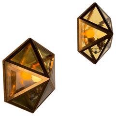 Pareja de raros apliques hexagonales de latón y cristal biselado de Josef Hoffmann, 1970