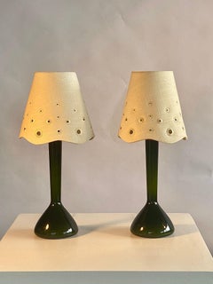 Pair of Rare Kastrup Holmegaard Green Glass Table or Nightstand Lamps, Signed