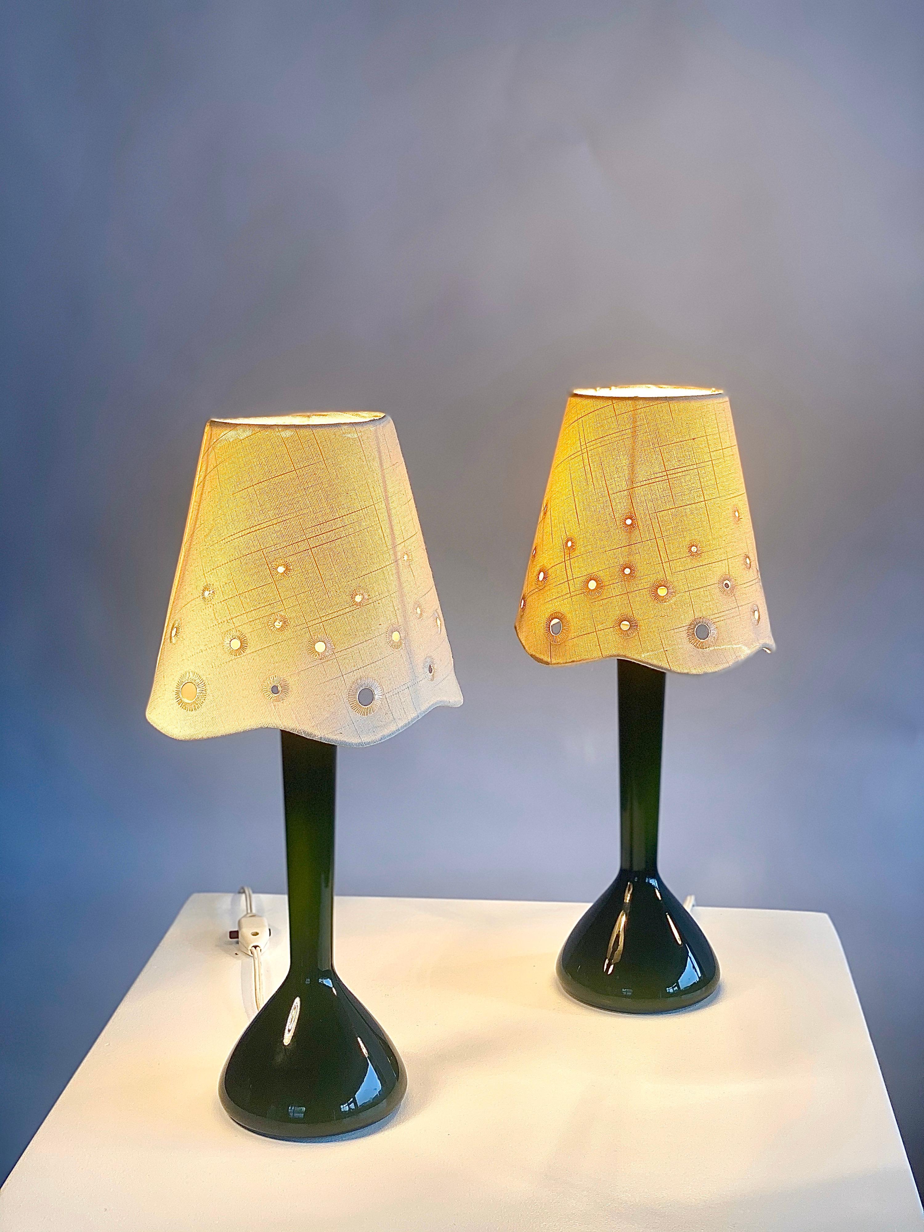 Mid-Century Modern Pair of Rare Kastrup Holmegaard Green Glass Table or Nightstand Lamps, Signed