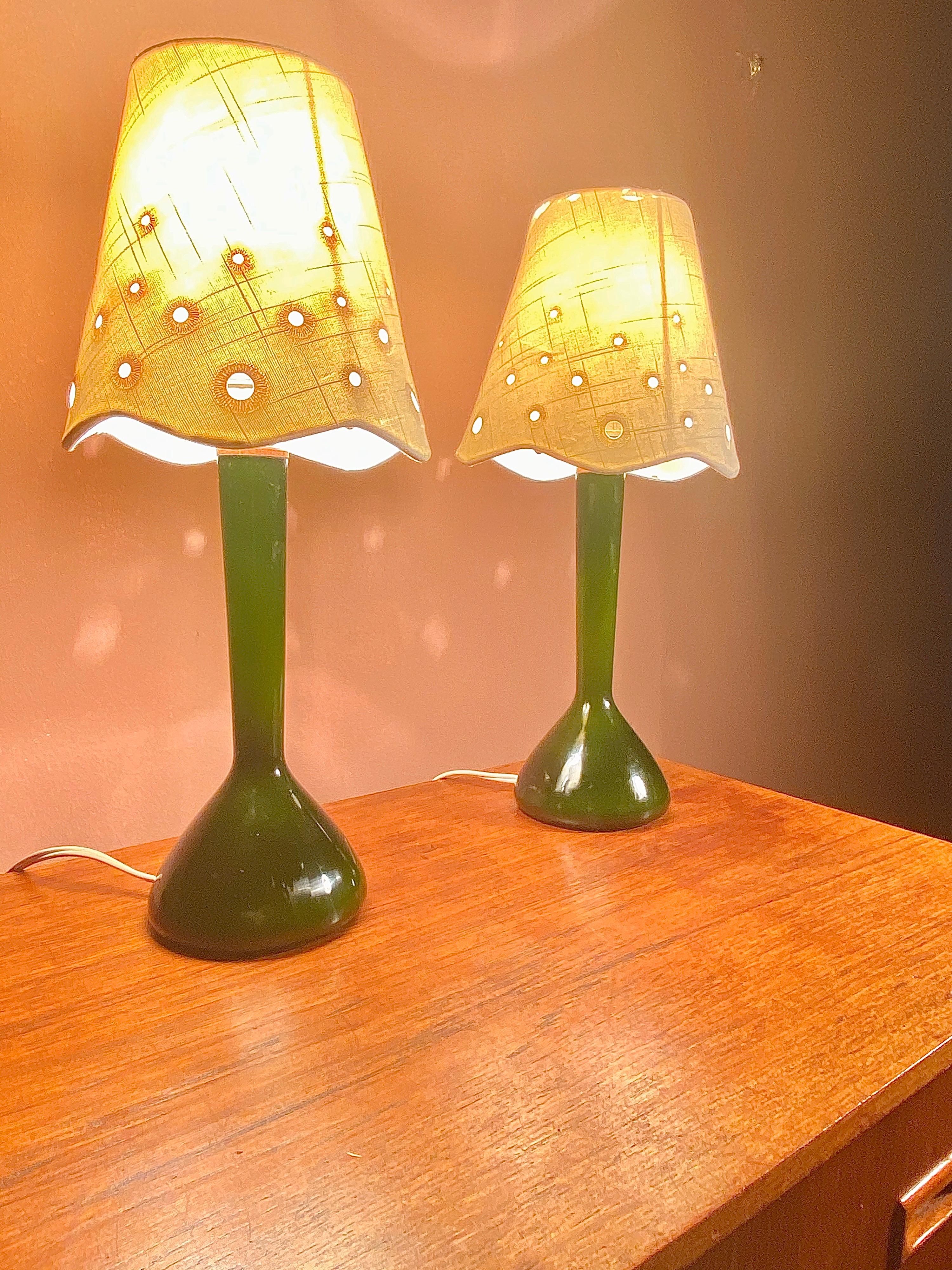 Mid-20th Century Pair of Rare Kastrup Holmegaard Green Glass Table or Nightstand Lamps, Signed