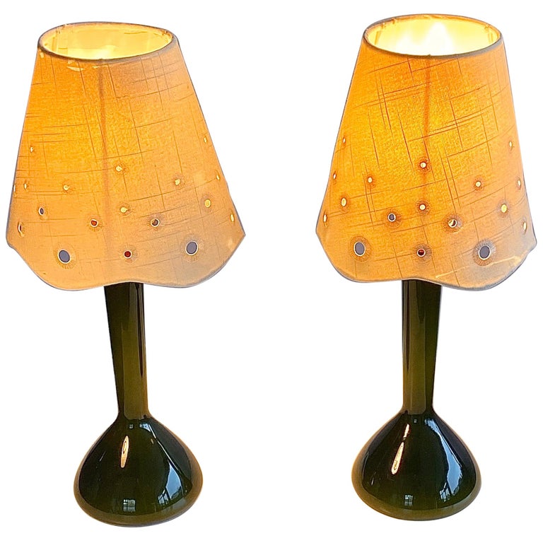 Pair Of Rare Kastrup Holmegaard Green Glass Table Or Nightstand Lamps Signed For Sale At 1stdibs