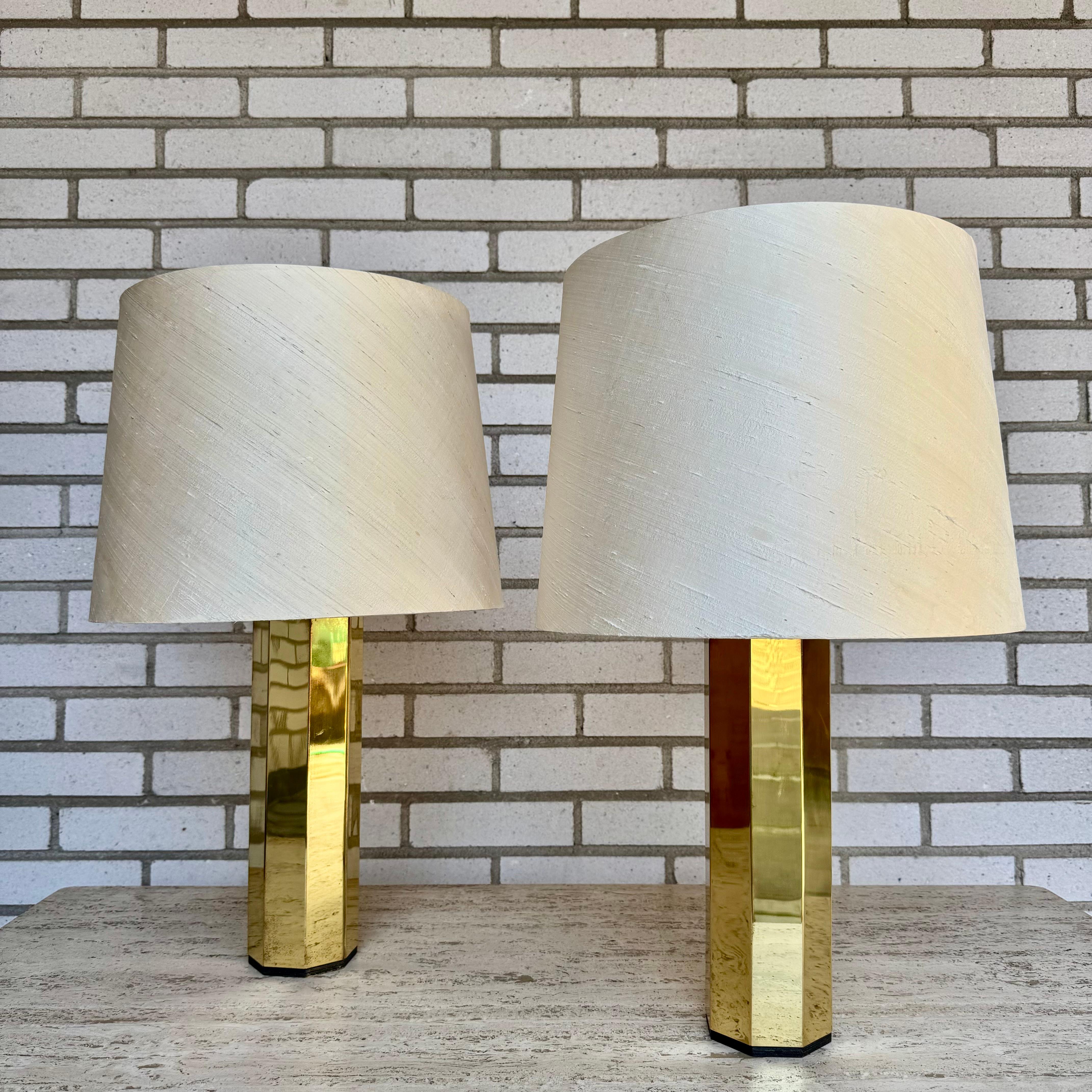 Pair of rare lamps, modell B 203, Labelled. 
Octagonal base in brass.

Height of the base is 38 cm, height including the lampshade is 63.5 cm. Diameter of the shade is 41cm.

Hans-Agne Jakobsson (1919-2009) was one of the most prominent designers of
