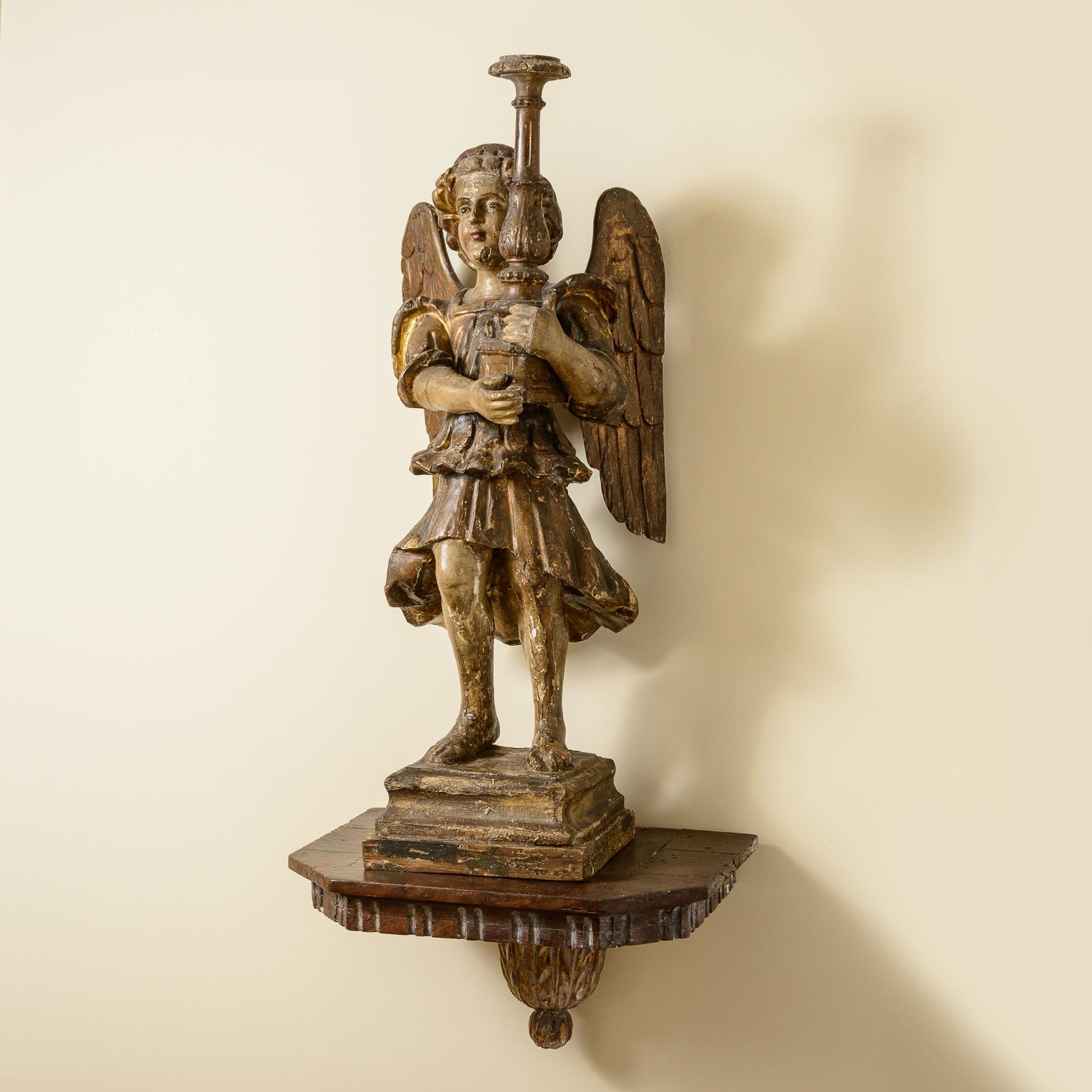 Pair Of Rare, Large, 18Th Century Angel Candlesticks On Wall Sconces For Sale 6