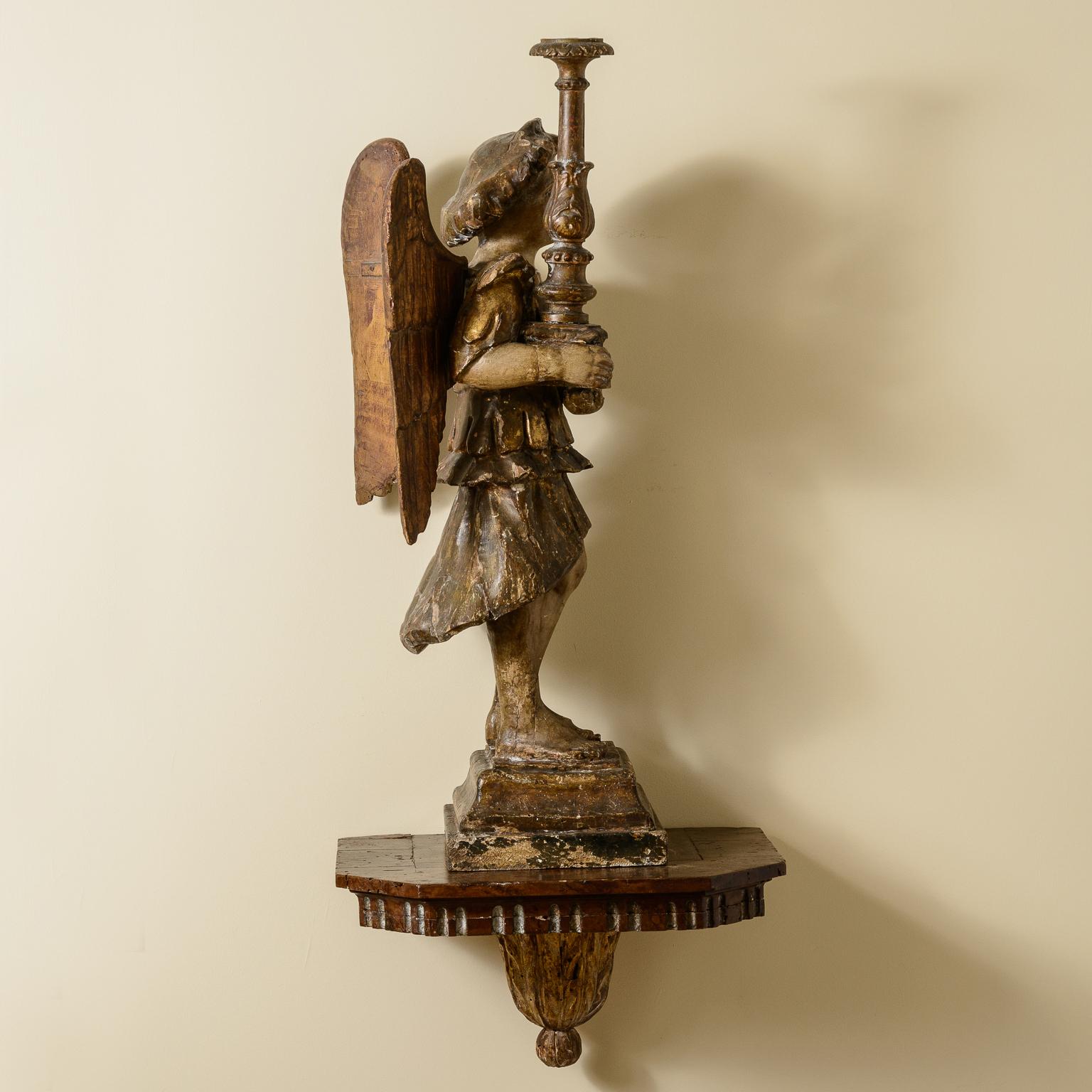 Pair Of Rare, Large, 18Th Century Angel Candlesticks On Wall Sconces For Sale 7