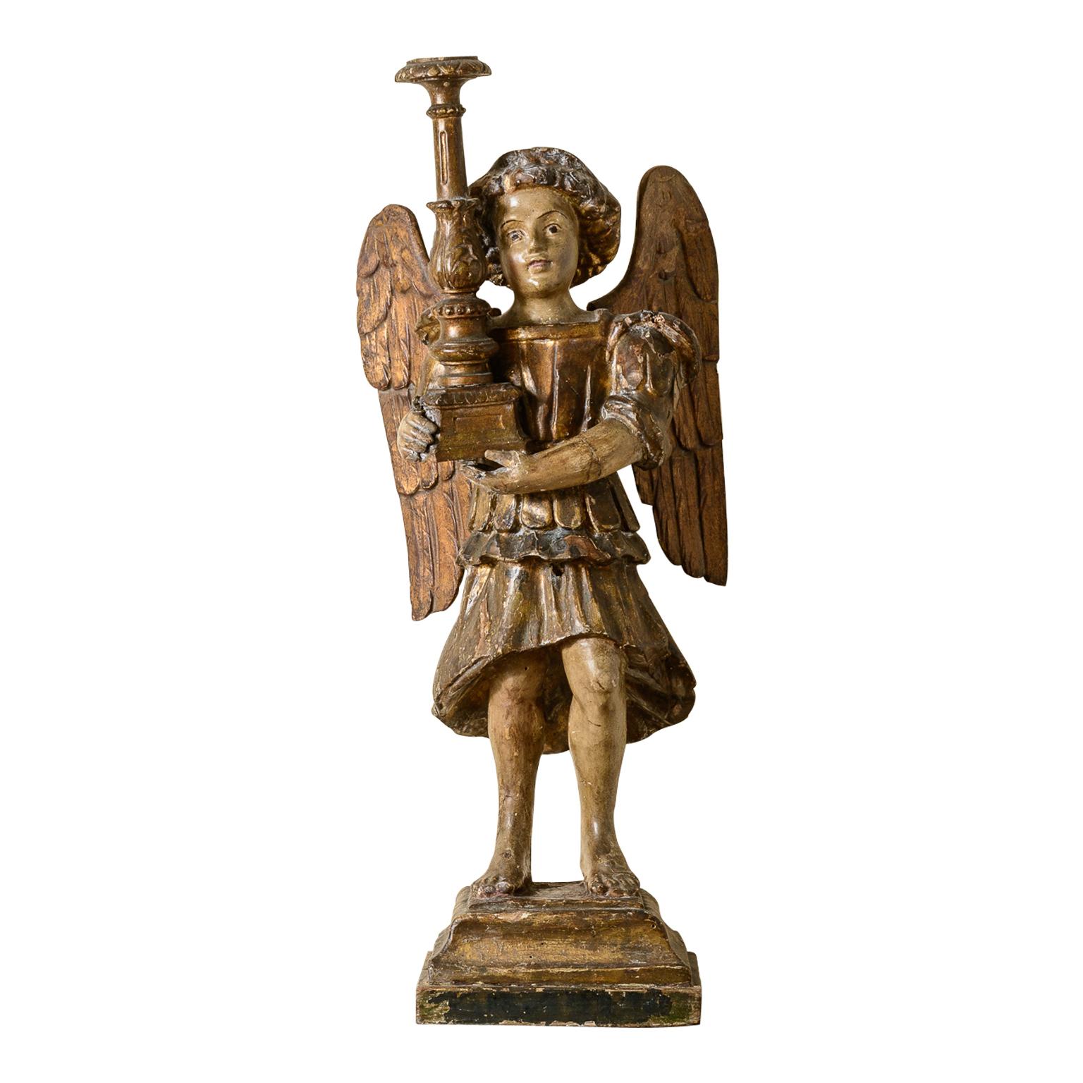 Hand-Carved Pair Of Rare, Large, 18Th Century Angel Candlesticks On Wall Sconces For Sale