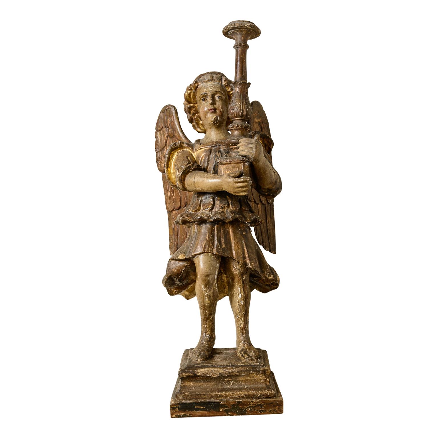 Pair Of Rare, Large, 18Th Century Angel Candlesticks On Wall Sconces In Good Condition For Sale In West Palm Beach, FL