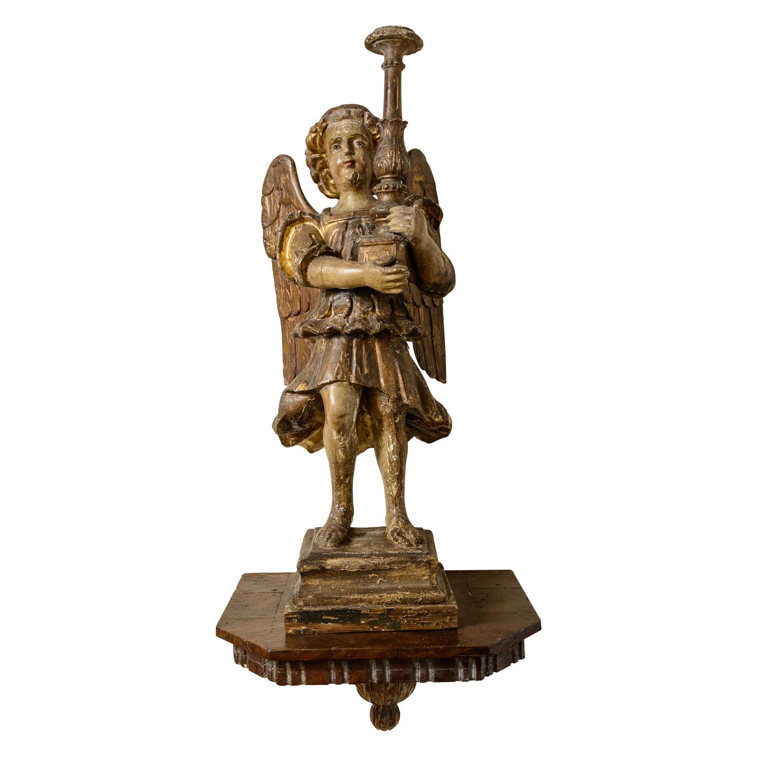 Mid-18th Century Pair Of Rare, Large, 18Th Century Angel Candlesticks On Wall Sconces For Sale