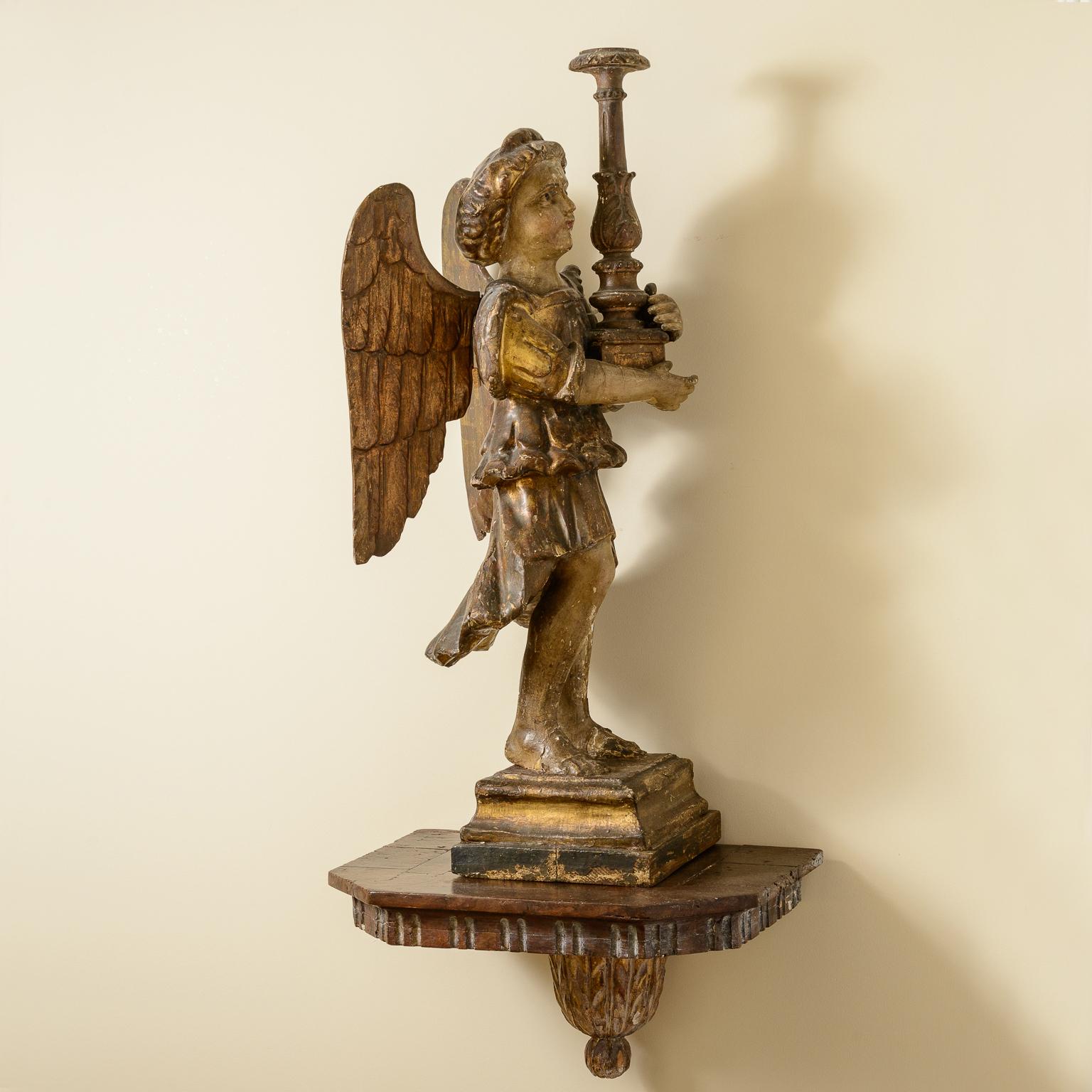 Wood Pair Of Rare, Large, 18Th Century Angel Candlesticks On Wall Sconces For Sale