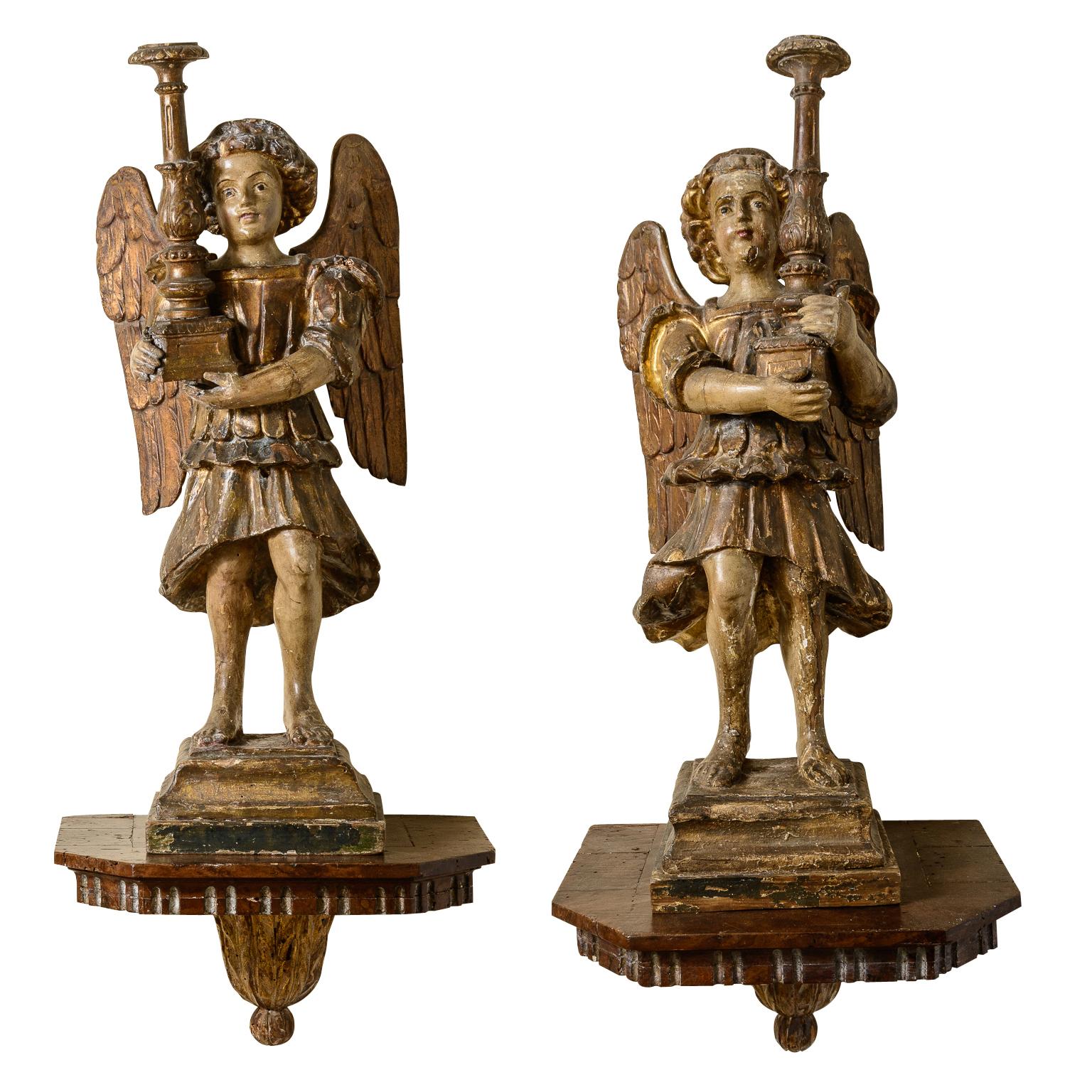 Pair Of Rare, Large, 18Th Century Angel Candlesticks On Wall Sconces For Sale 1