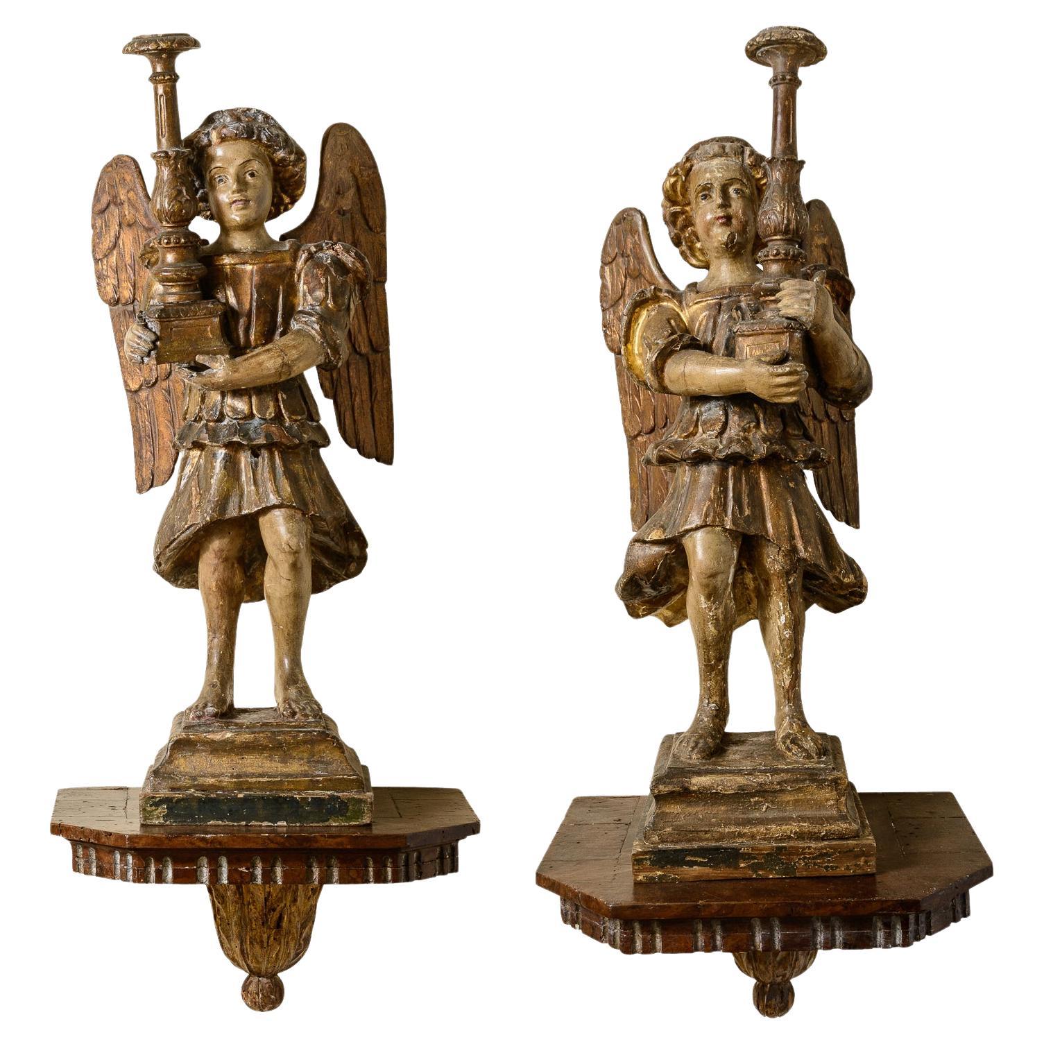 Pair Of Rare, Large, 18Th Century Angel Candlesticks On Wall Sconces For Sale