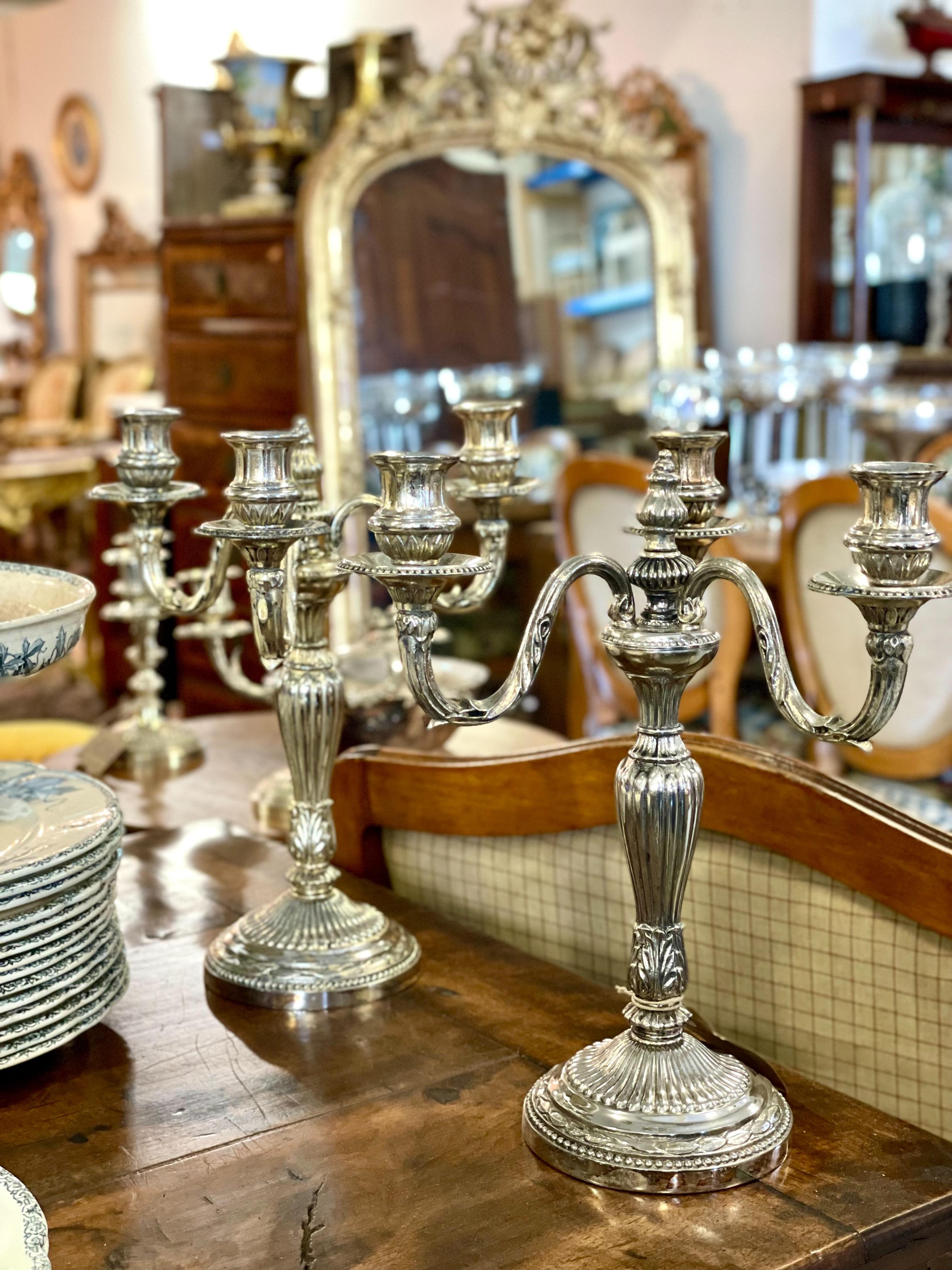 Coppia di rari candelabri grandi in bronzo placcato argento, XIX secolo in vendita 10