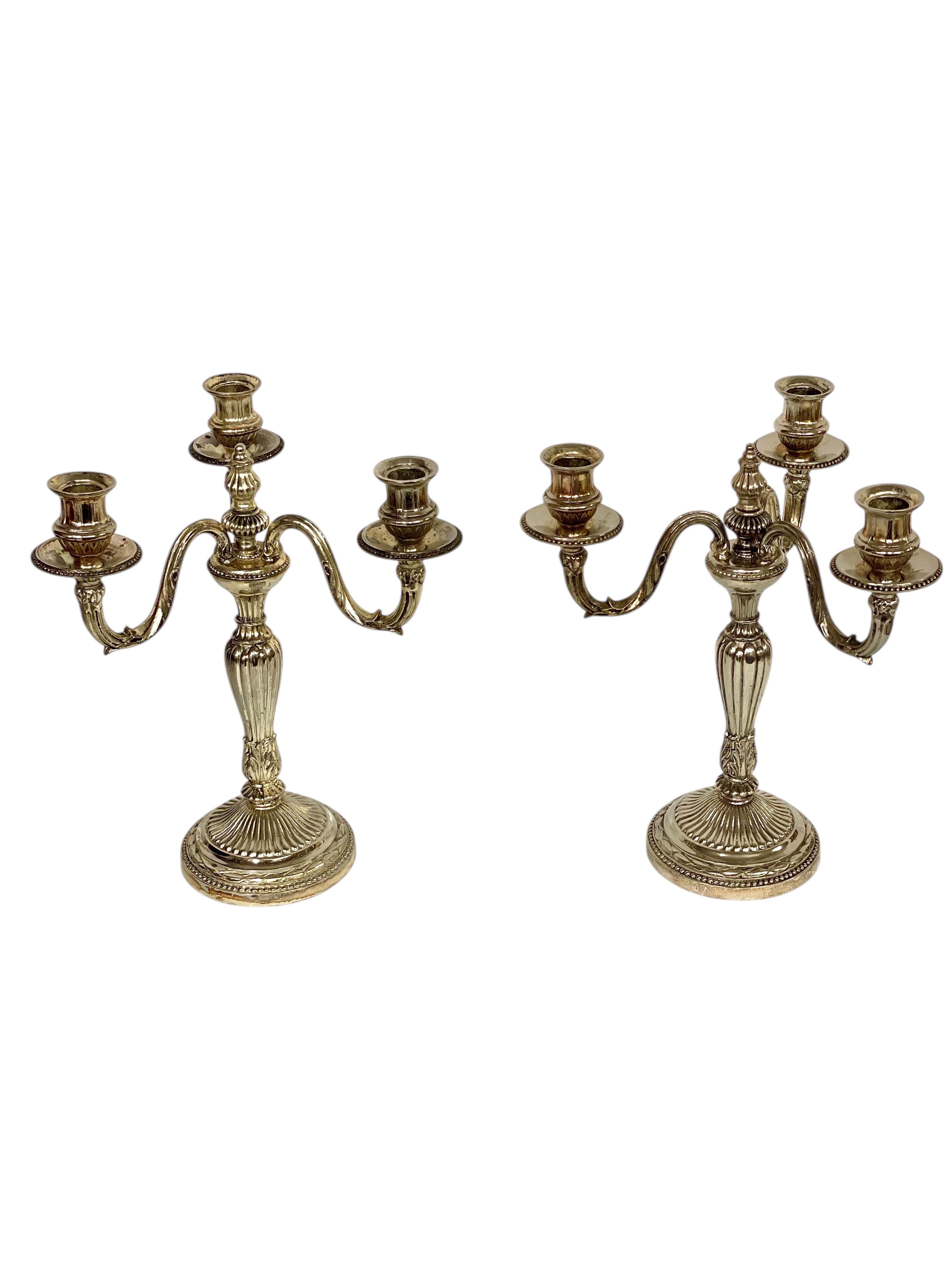 Aggiungi un tocco di eleganza senza tempo ai tuoi interni con questa squisita e rara coppia di grandi candelabri in bronzo argentato. Ogni candelabro presenta tre bracci graziosamente curvi che sostengono i portacandele, splendidamente dettagliati