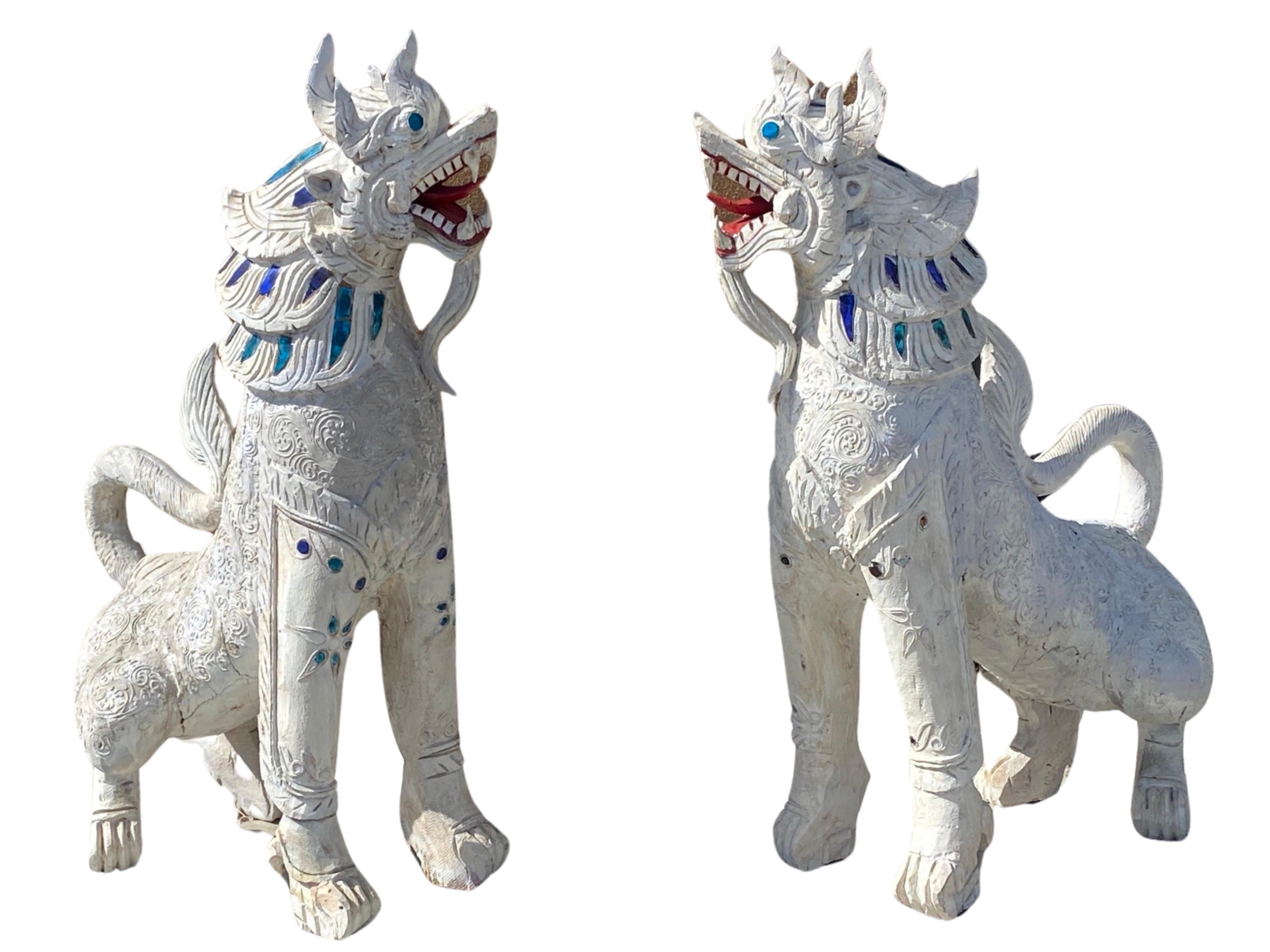 Bohemian Pair of Rare Life Size Vintage Thai Carved Wood Singha Guardian Dog Statues  For Sale