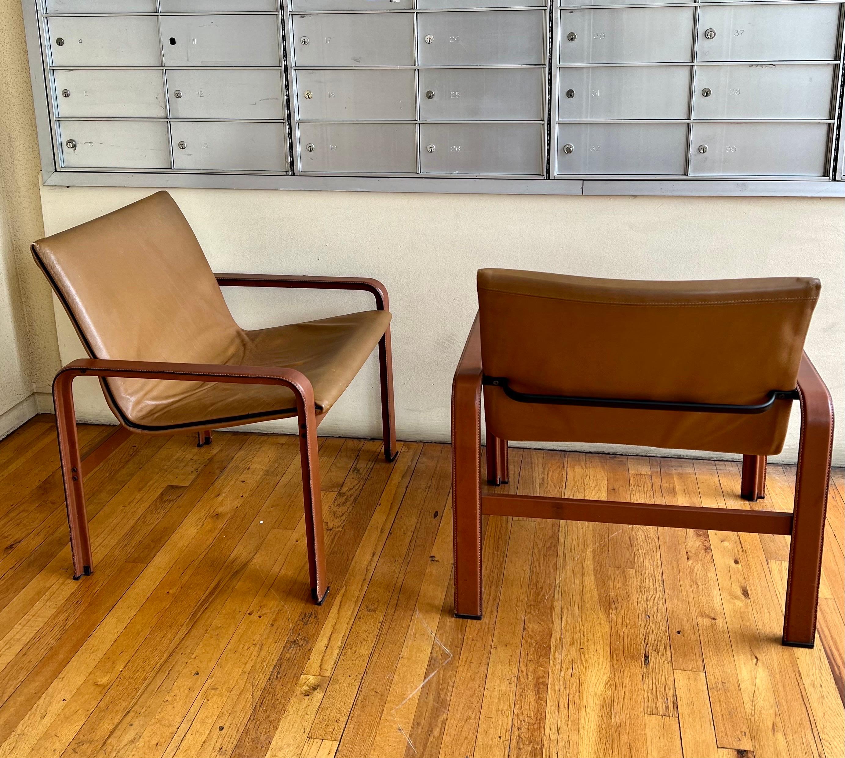 Italian Pair of Rare Lounge Chairs in Patinated Leather by Matteo Grassi, 1980s