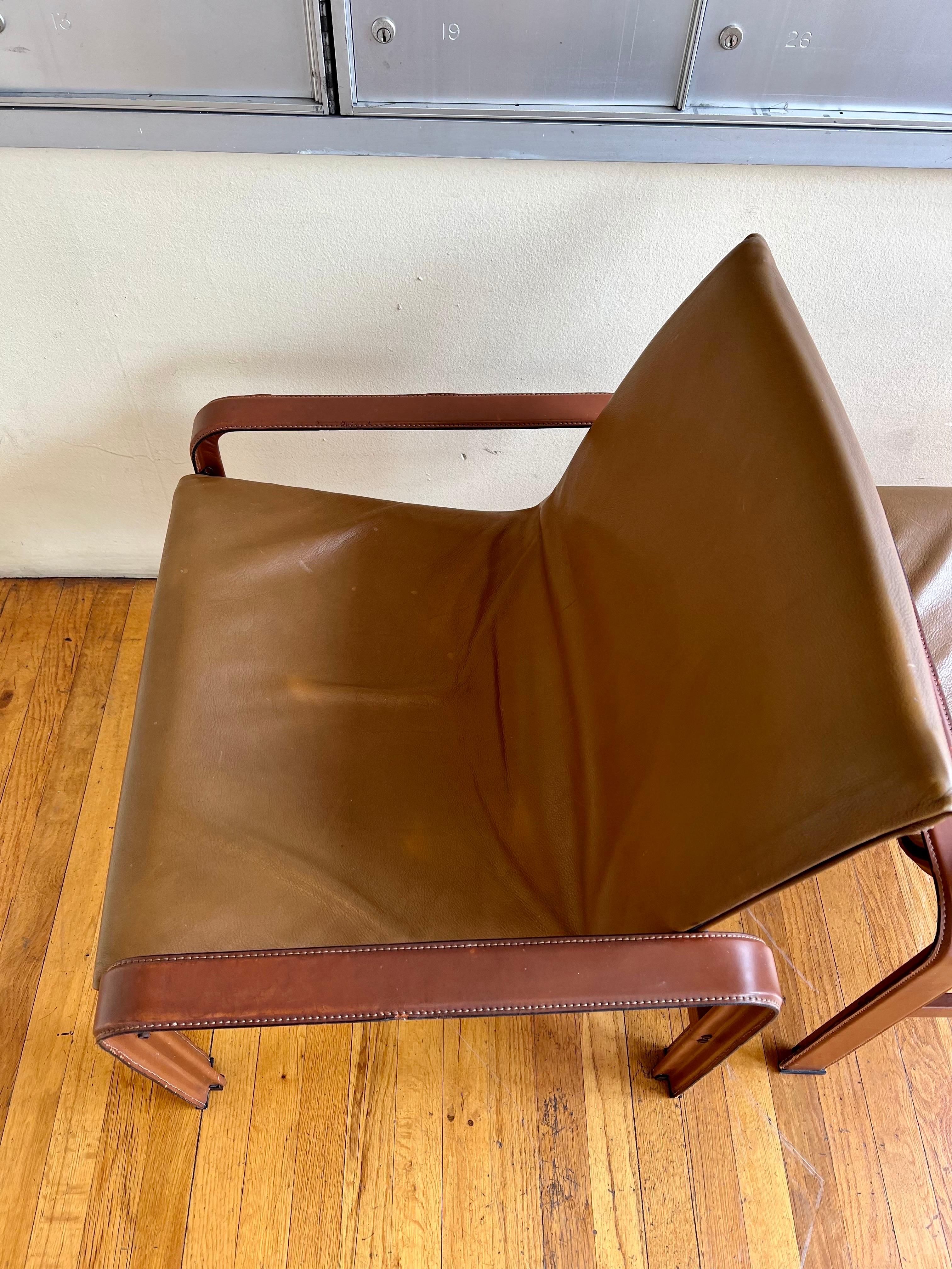 Pair of Rare Lounge Chairs in Patinated Leather by Matteo Grassi, 1980s In Good Condition In San Diego, CA