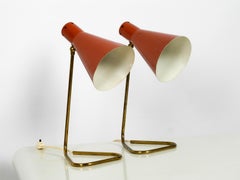Pair of Rare Mid-Century Modern Large Brass Table Lamps with Brick Red Shades