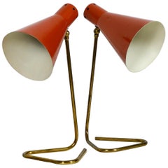 Pair of Rare Mid-Century Modern Large Brass Table Lamps with Brick Red Shades