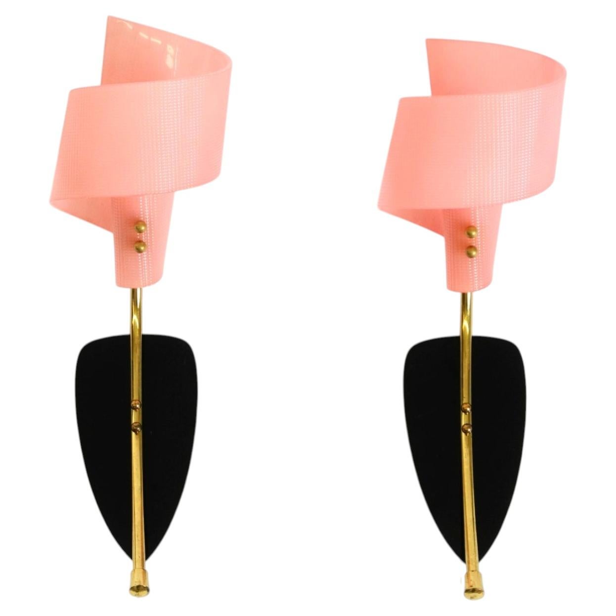 Pair of Rare Mid-Century Modern Wall Lamps with Pink Plexiglass Shades For Sale