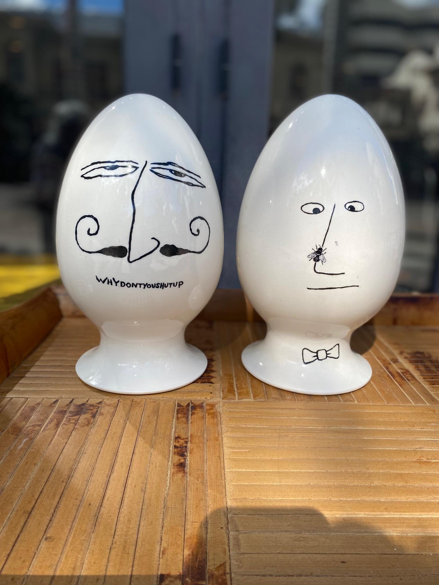Hand-Carved Pair of Rare Midcentury Playboy Egghead Condom Containers For Sale