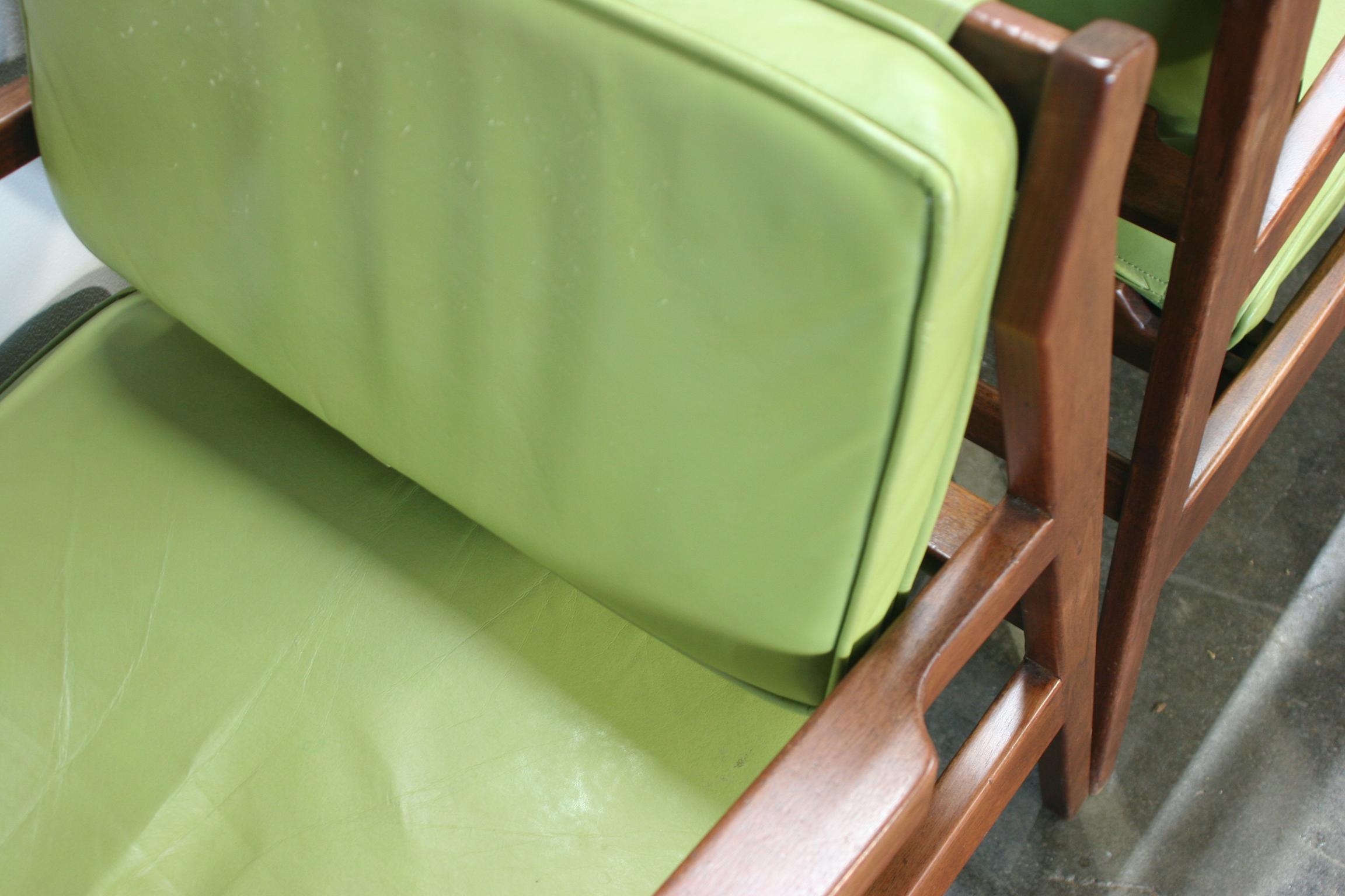 Pair of Rare Midcentury Jens Risom U 460 Low Lounge Chairs Green Leather 4