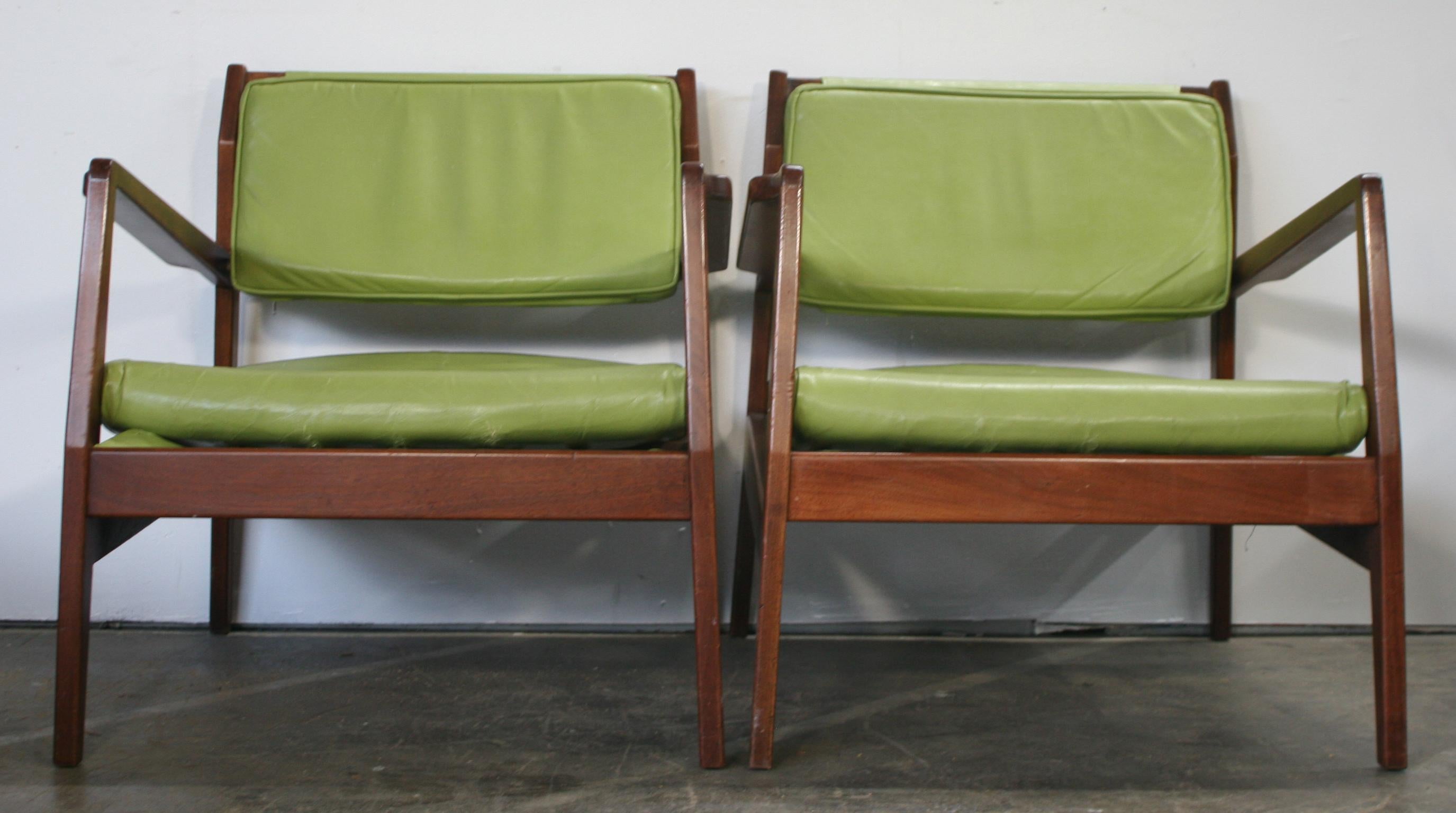 Beautiful Pair of original rare pair midcentury Jens Risom Model #U 460 Lime Green Leather low lounge chairs. Solid teak frames with drop over back cushion. All original leather upholstery. Original vintage condition shows normal wear. Has original