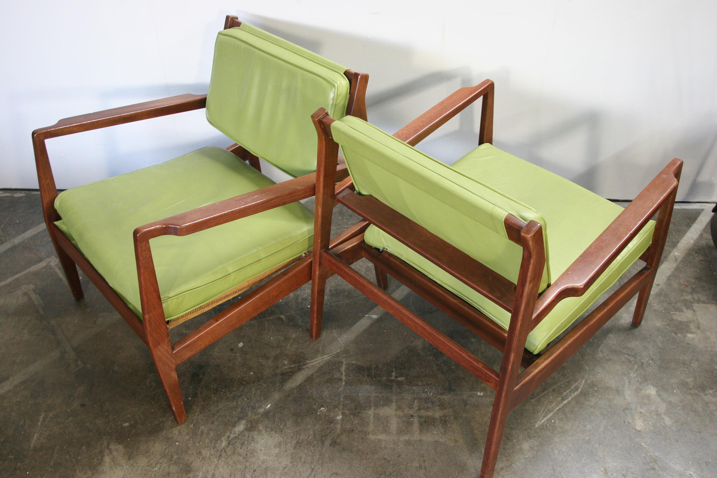 Pair of Rare Midcentury Jens Risom U 460 Low Lounge Chairs Green Leather 2