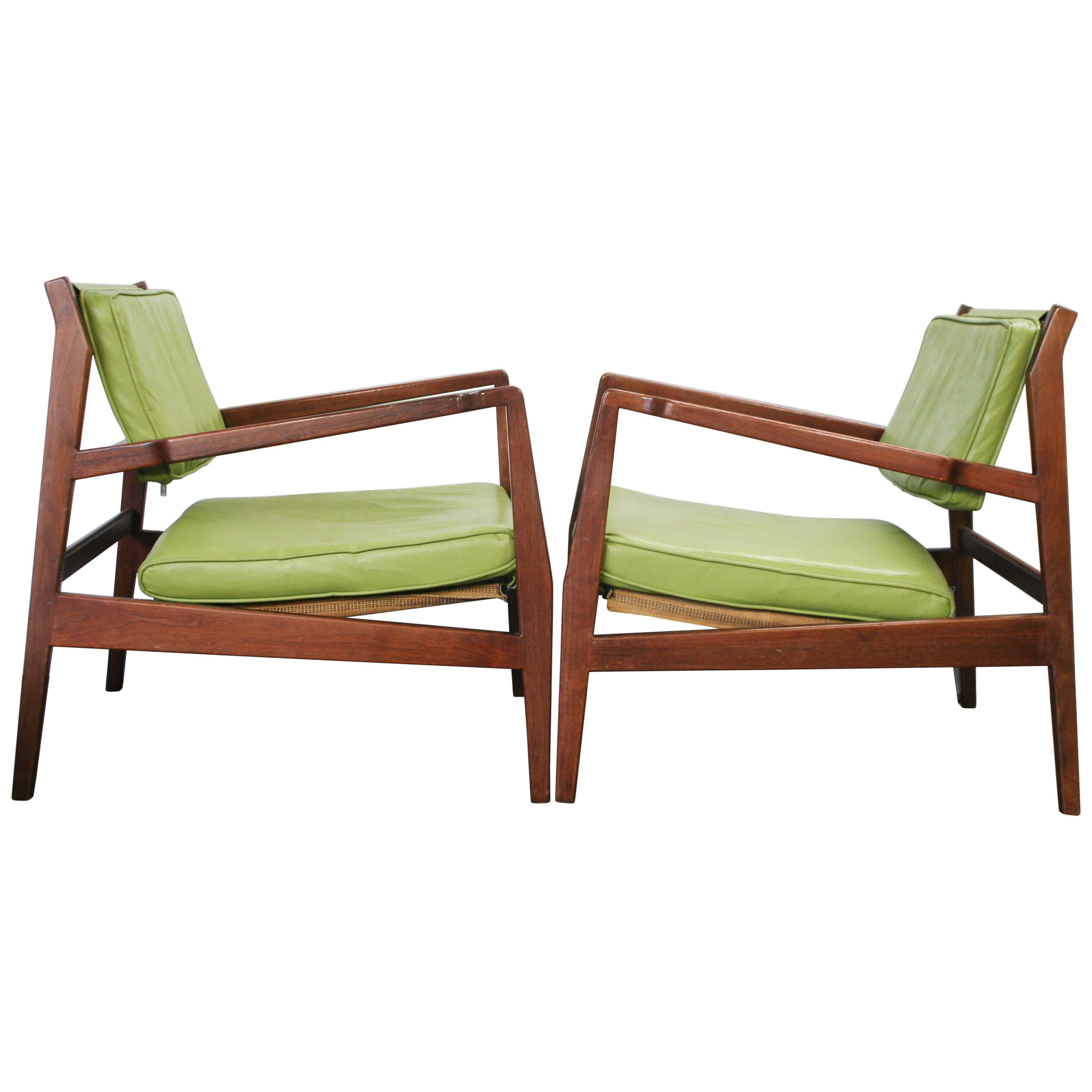 Pair of Rare Midcentury Jens Risom U 460 Low Lounge Chairs Green Leather