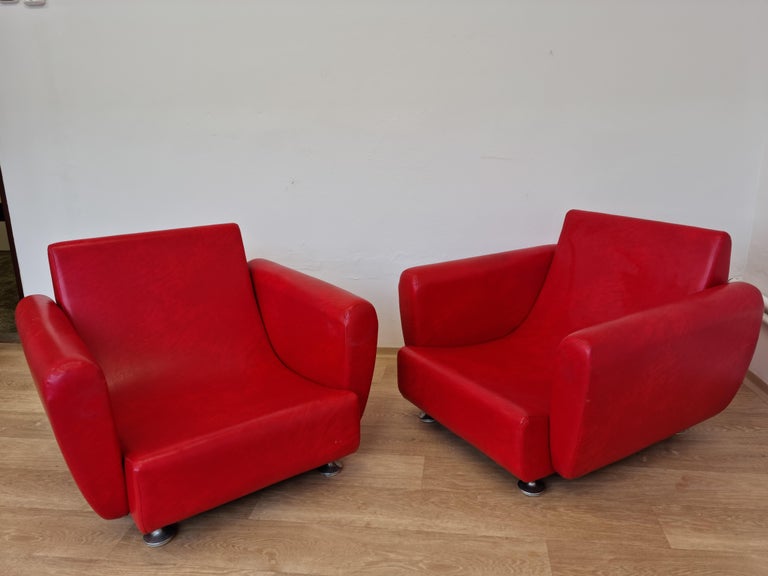 Pair of Rare Midcentury Red Armchairs For Sale at 1stDibs