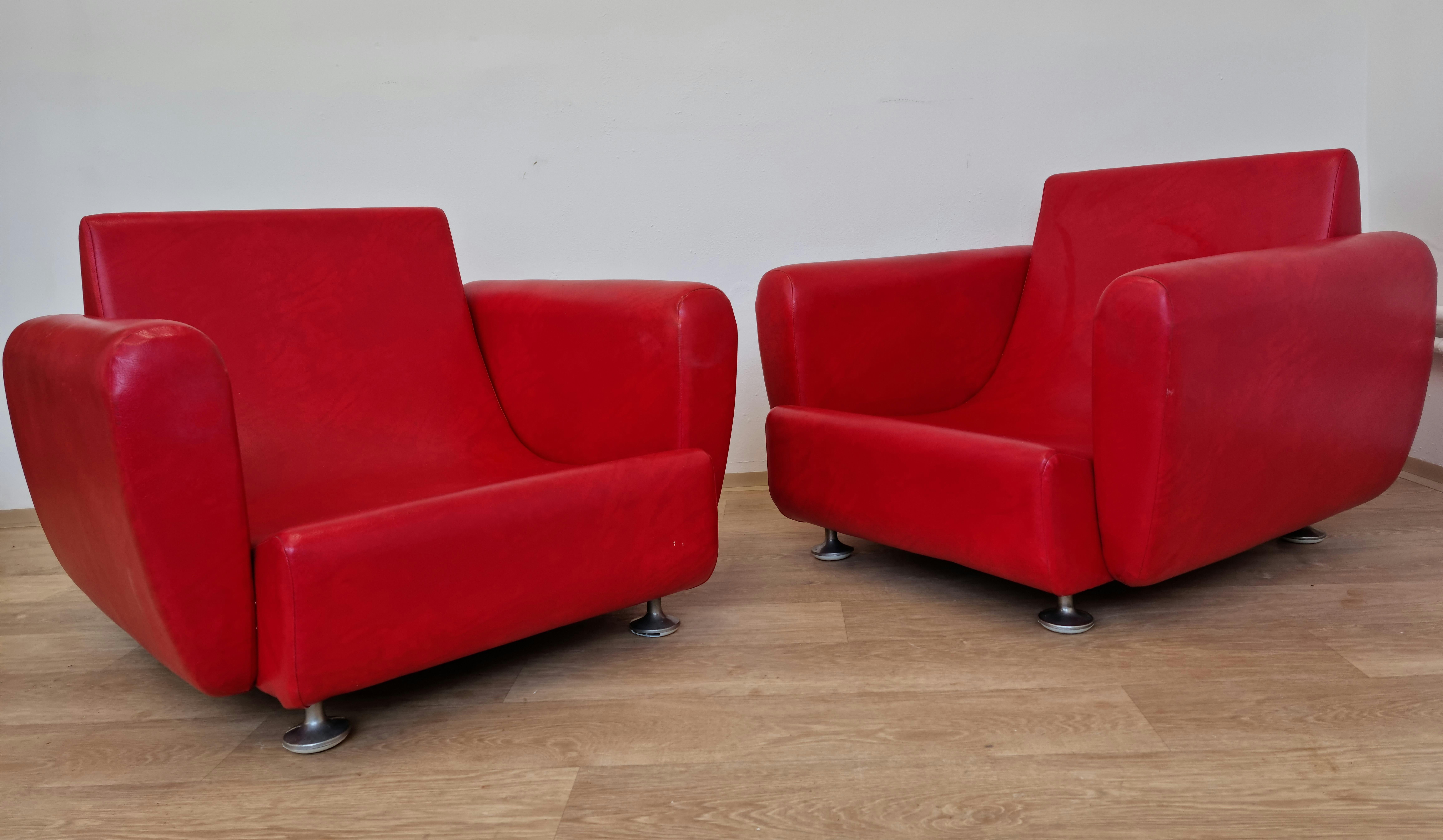 French Pair of Rare Midcentury Red Armchairs For Sale