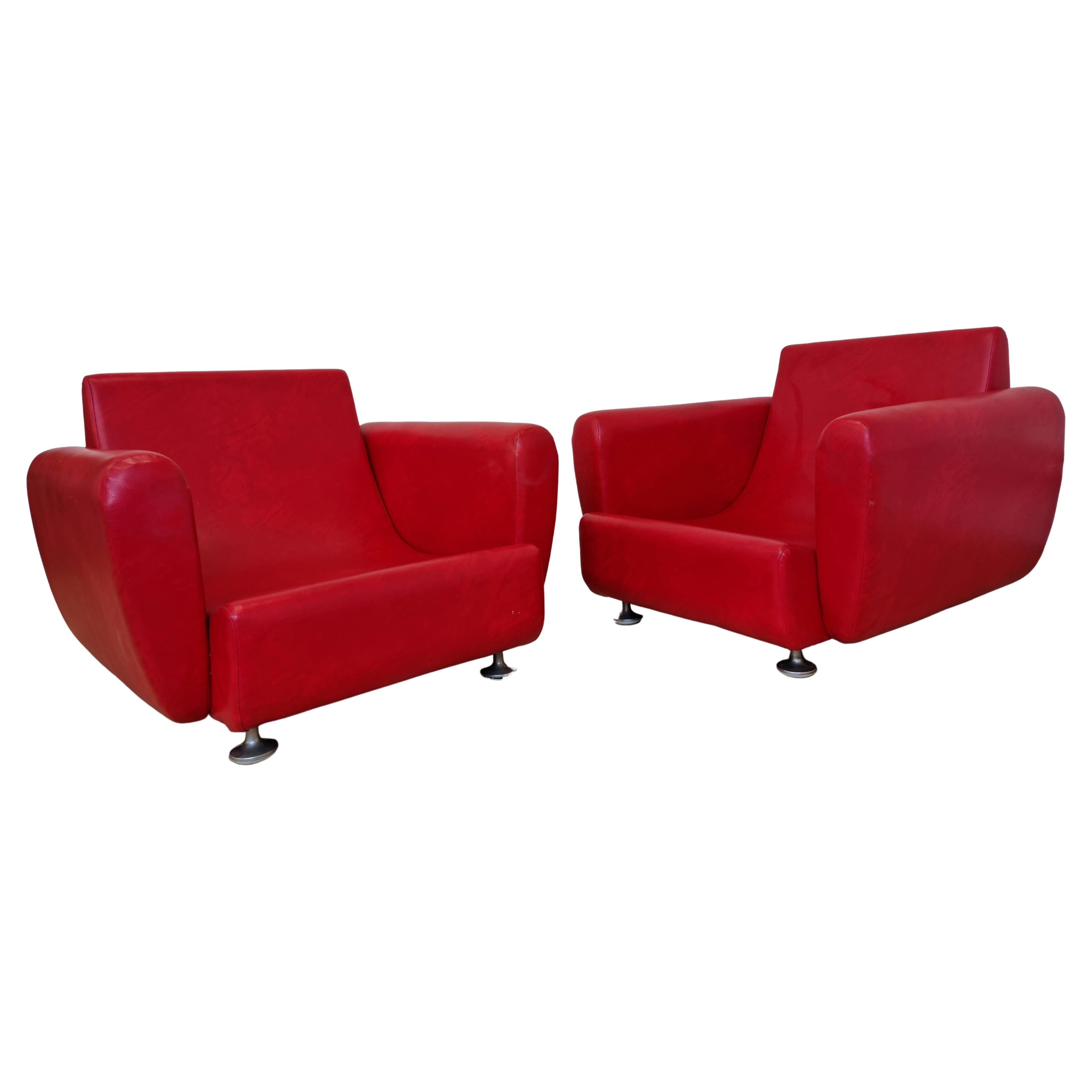 Pair of Rare Midcentury Red Armchairs For Sale