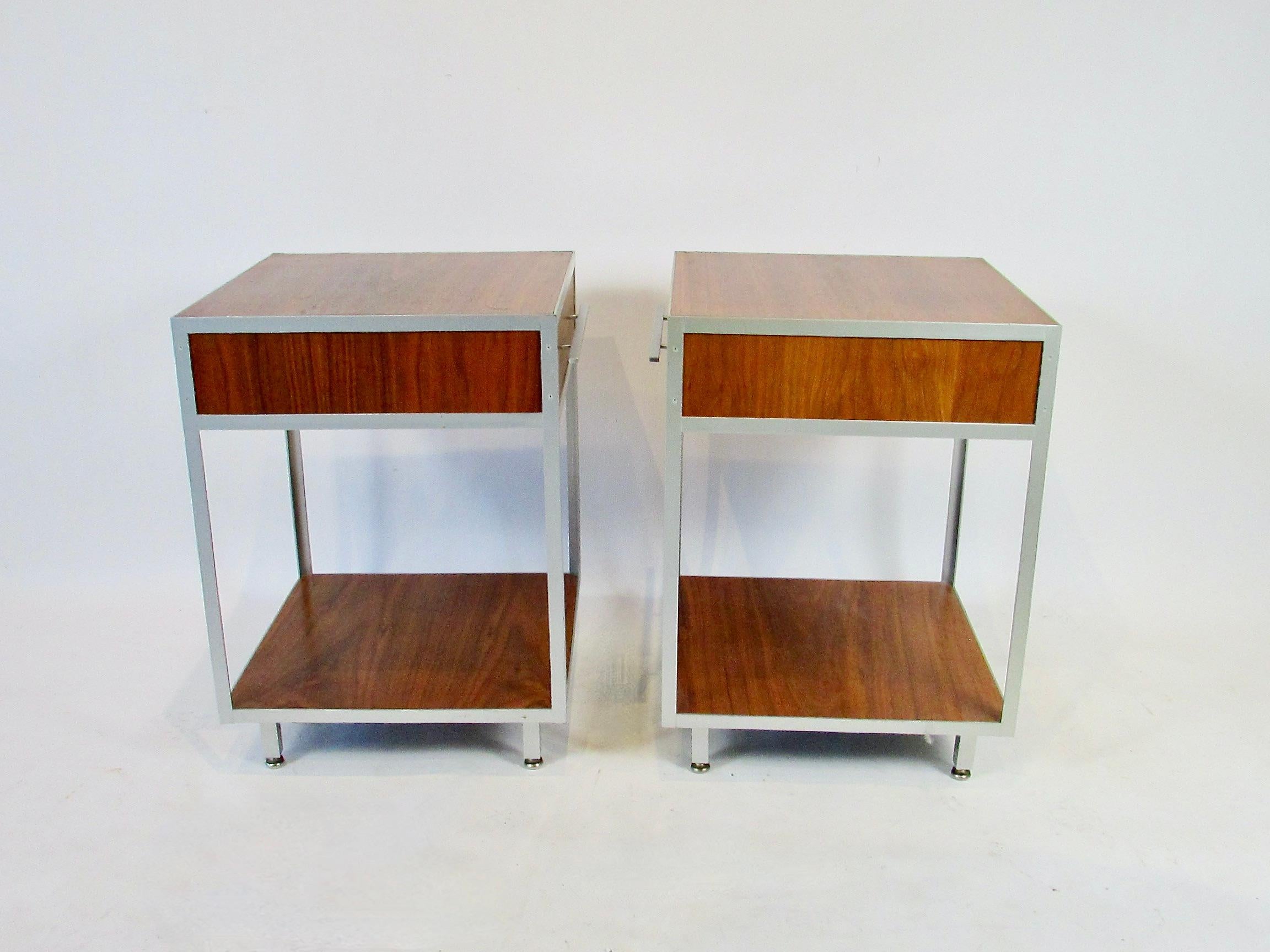 Mid-Century Modern Pair of rare Mueller Widdicomb minimalist aluminum frame walnut night stands For Sale