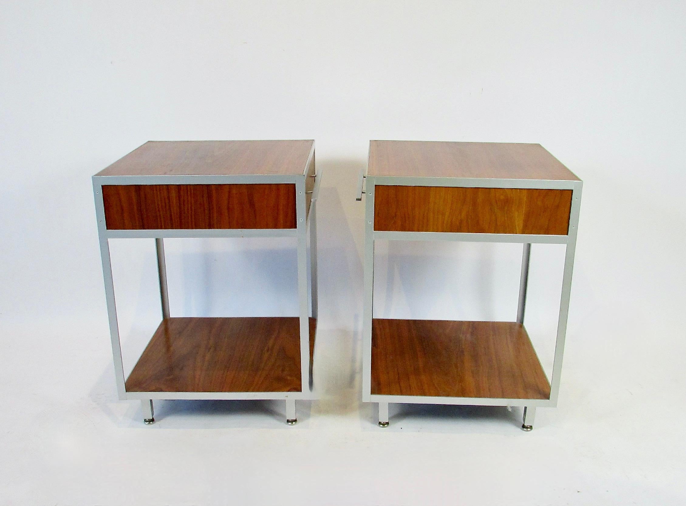 American Pair of rare Mueller Widdicomb minimalist aluminum frame walnut night stands For Sale