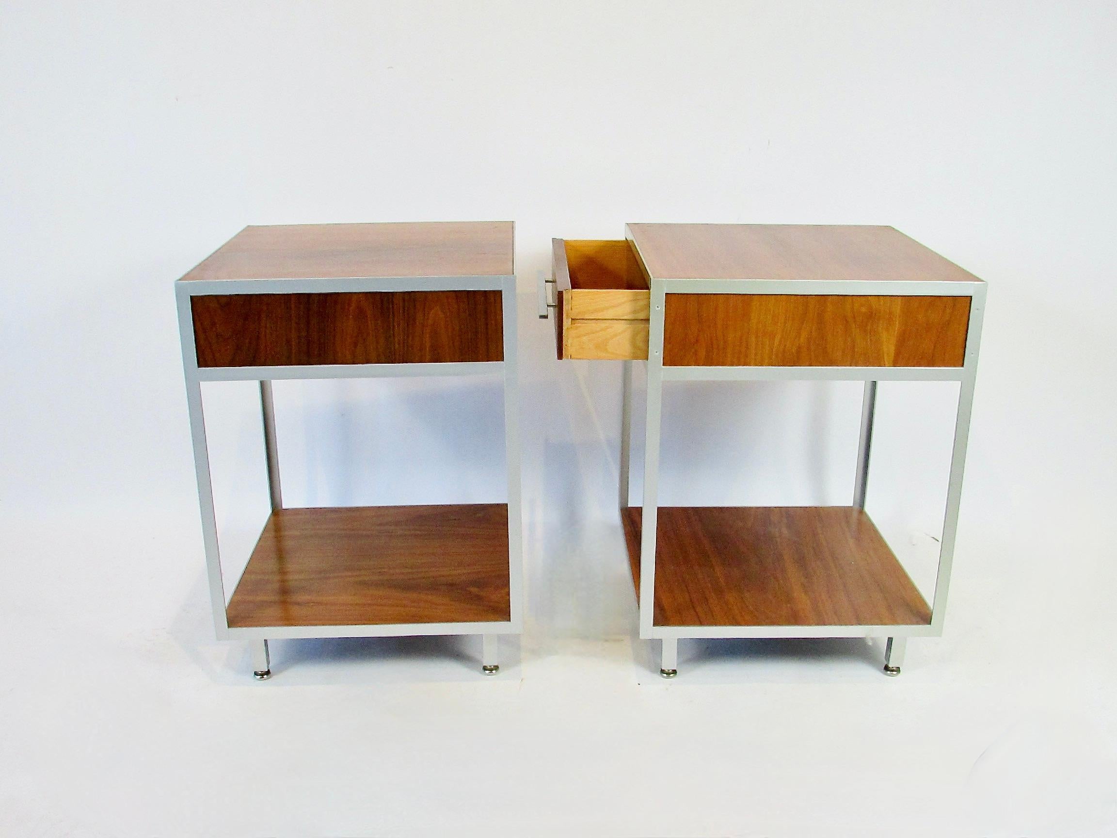 Pair of rare Mueller Widdicomb minimalist aluminum frame walnut night stands In Good Condition For Sale In Ferndale, MI