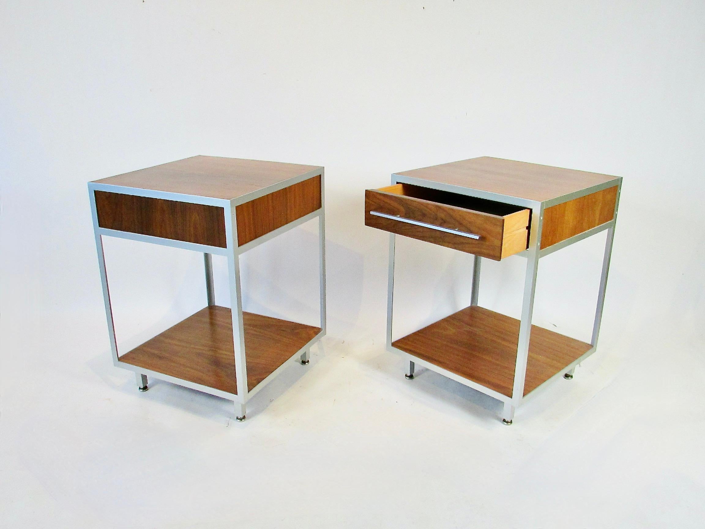20th Century Pair of rare Mueller Widdicomb minimalist aluminum frame walnut night stands For Sale