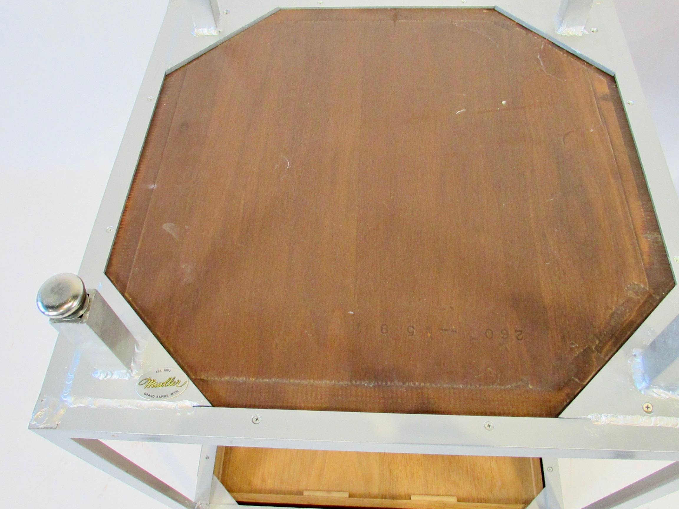 Aluminum Pair of rare Mueller Widdicomb minimalist aluminum frame walnut night stands For Sale