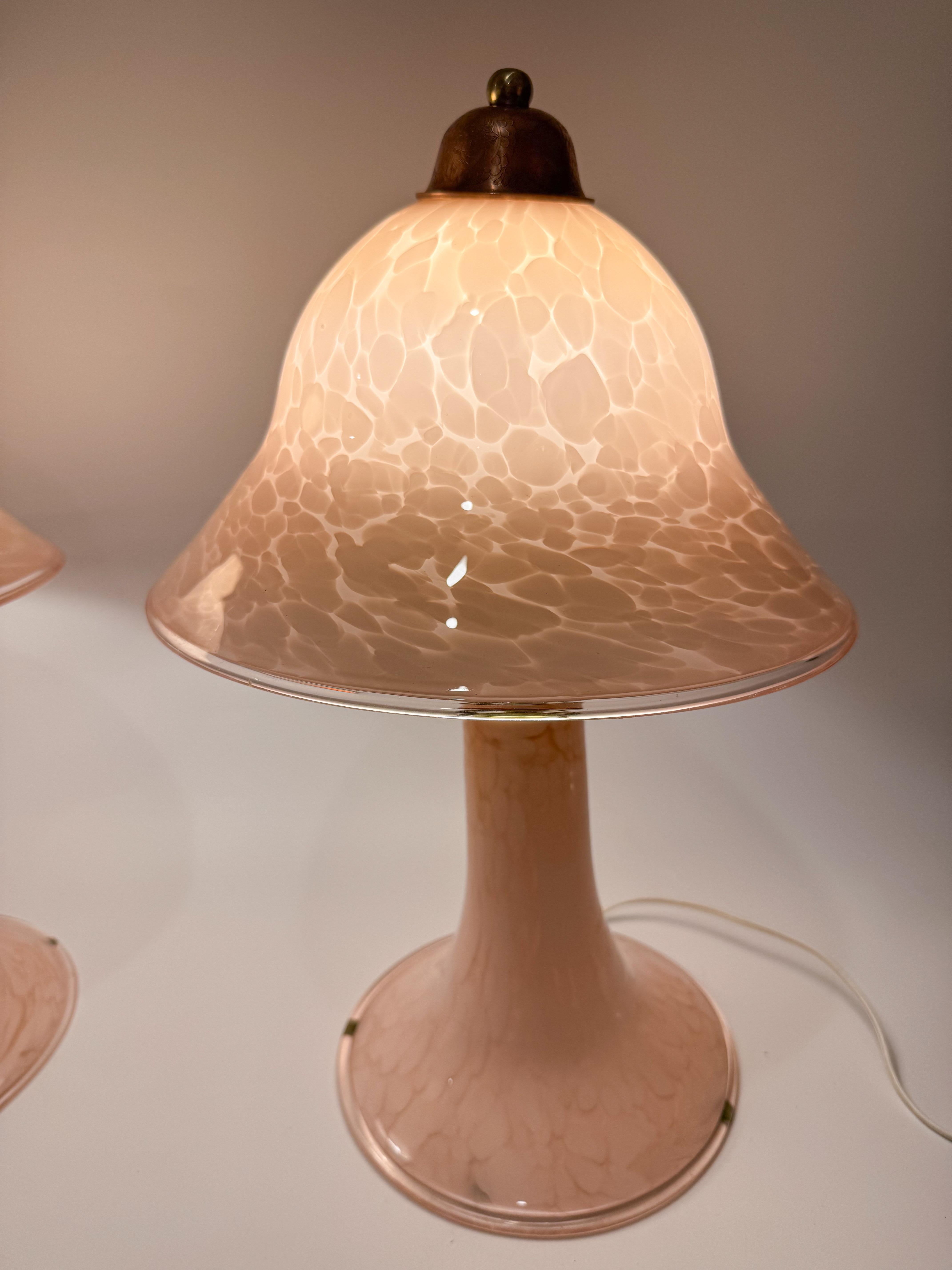 Hand-Carved Pair of Rare Murano “Pink Clouds” Mushroom Lamps  Art Nouveau Italy 1970s For Sale