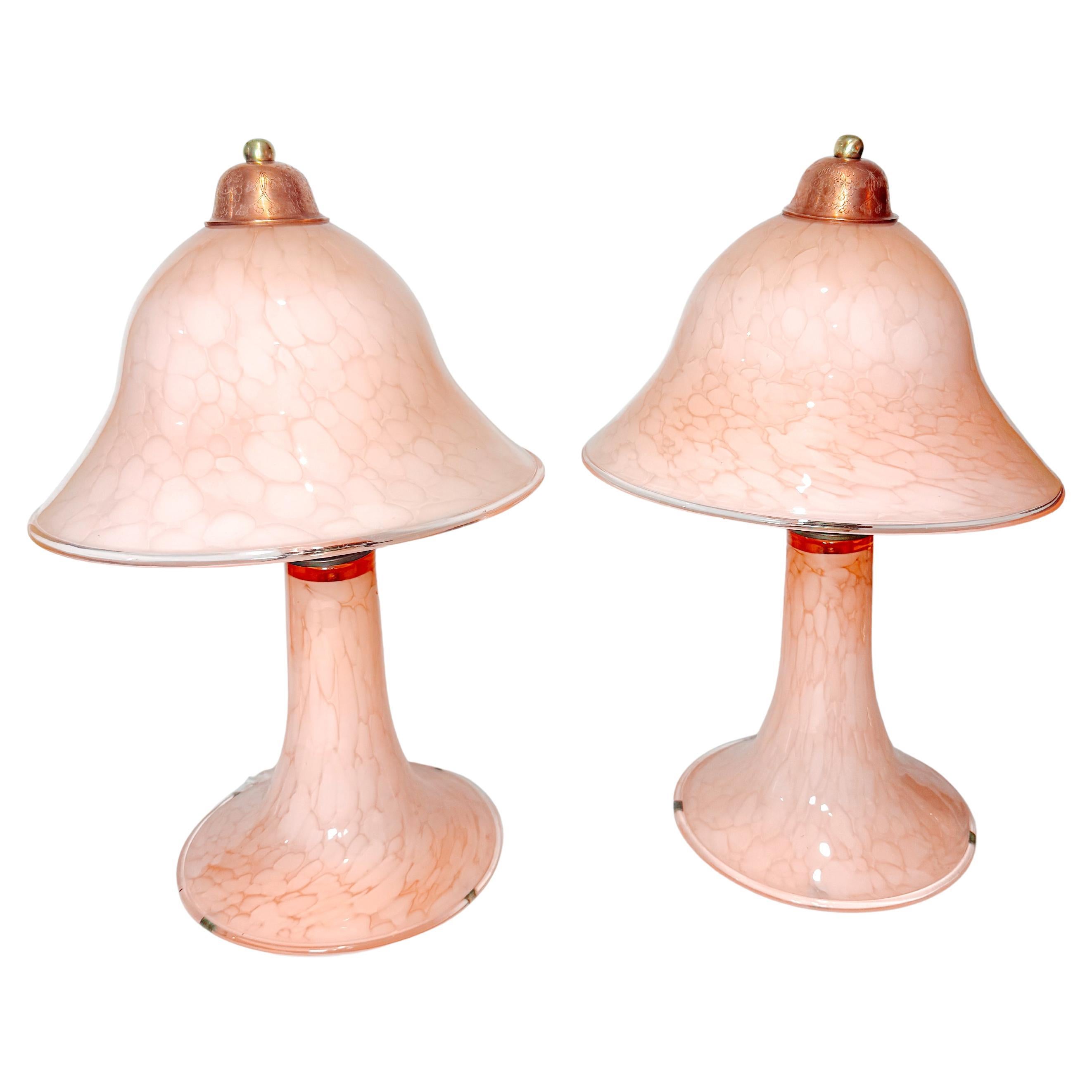 Pair of Rare Murano “Pink Clouds” Mushroom Lamps  Art Nouveau Italy 1970s For Sale